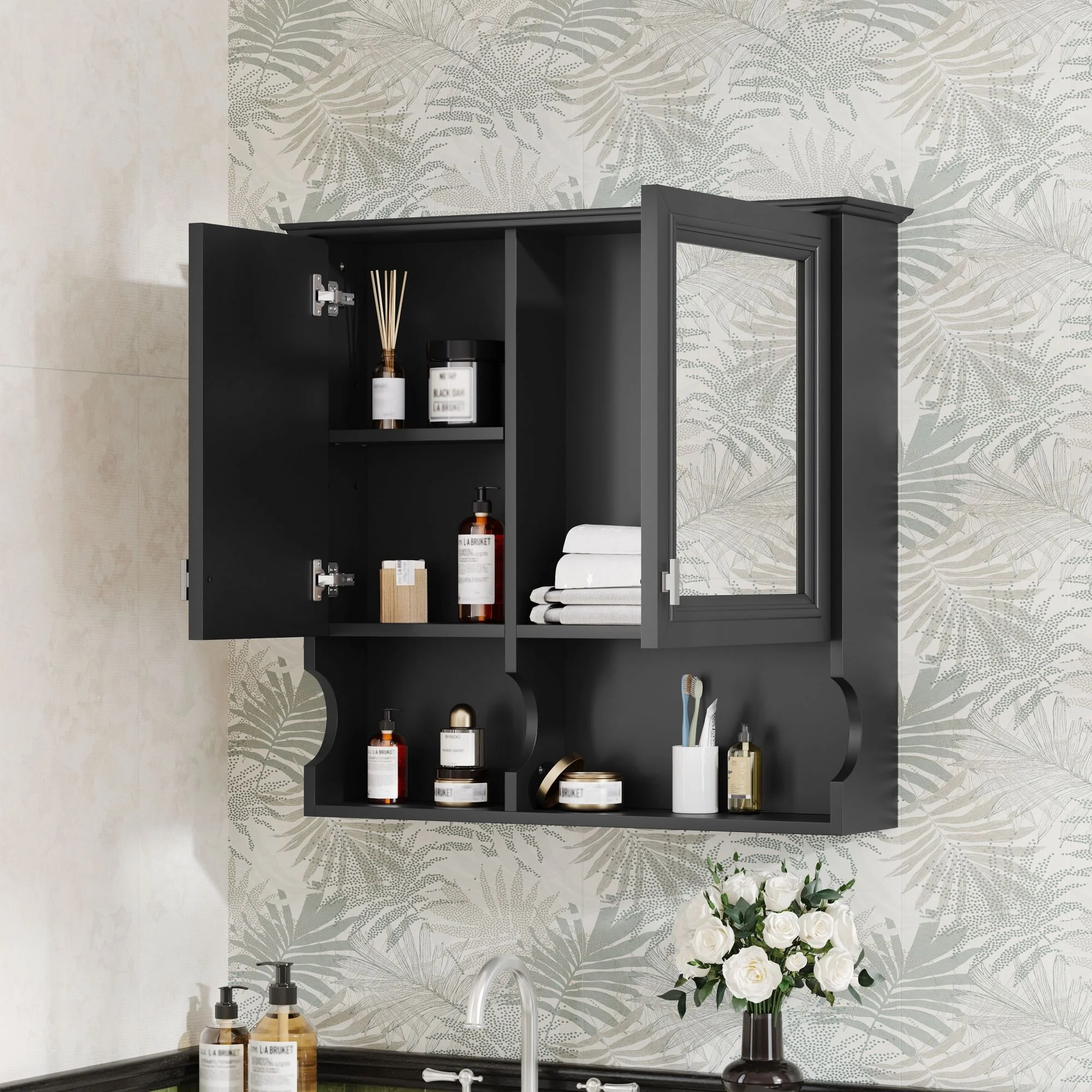 Wall Mounted Mirror Medicine Cabinet, Bathroom Storage With Doors And Open Shelves - Image 8
