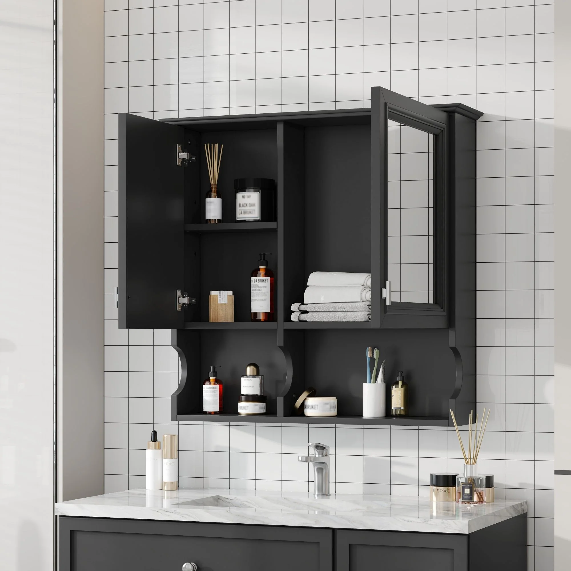 Wall Mounted Mirror Medicine Cabinet, Bathroom Storage With Doors And Open Shelves - Image 9