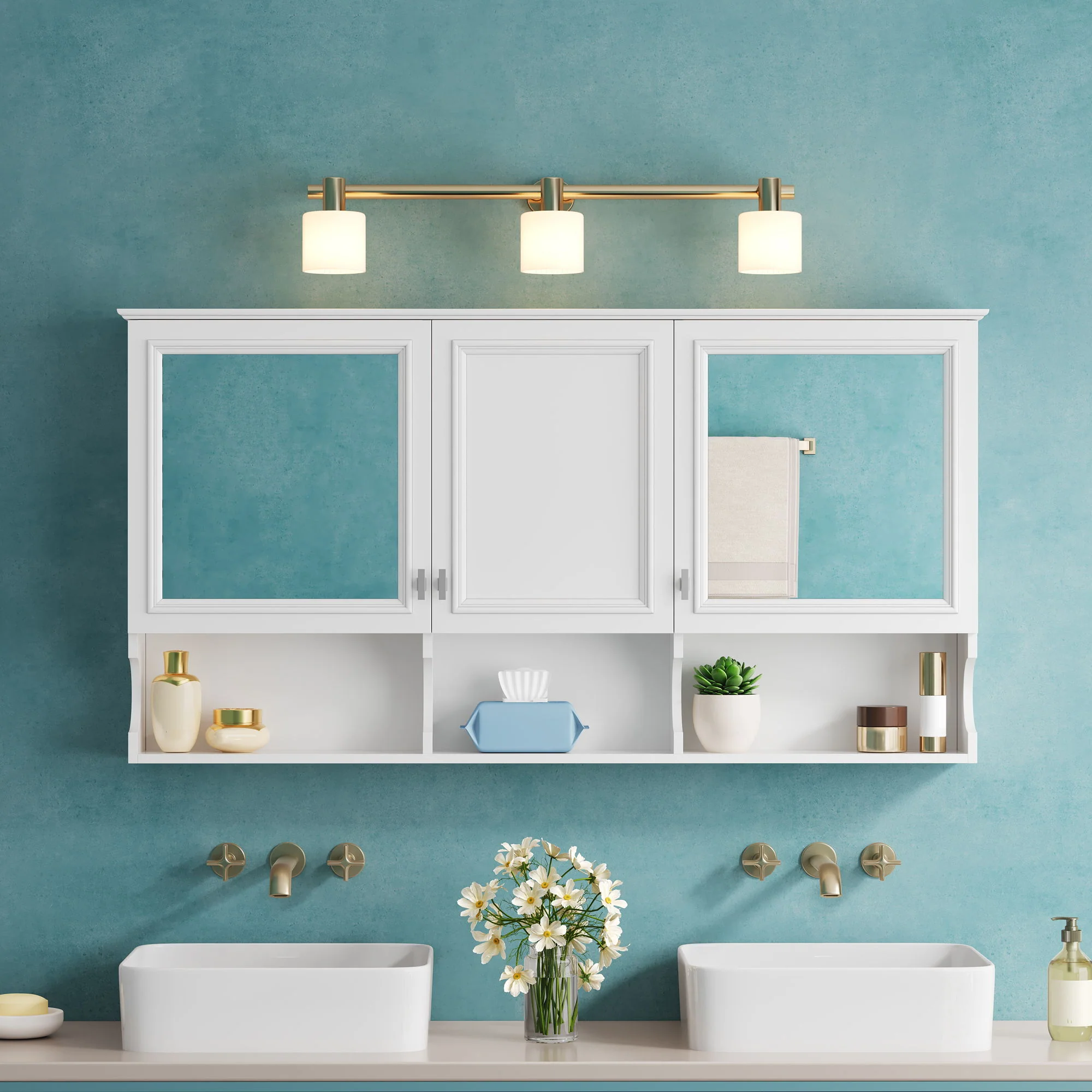 Wall-Mounted Mirror Medicine Cabinet With Adjustable Shelf And Open Shelves, Bathroom Storage Cabinet Over Toilet - White - Image 4