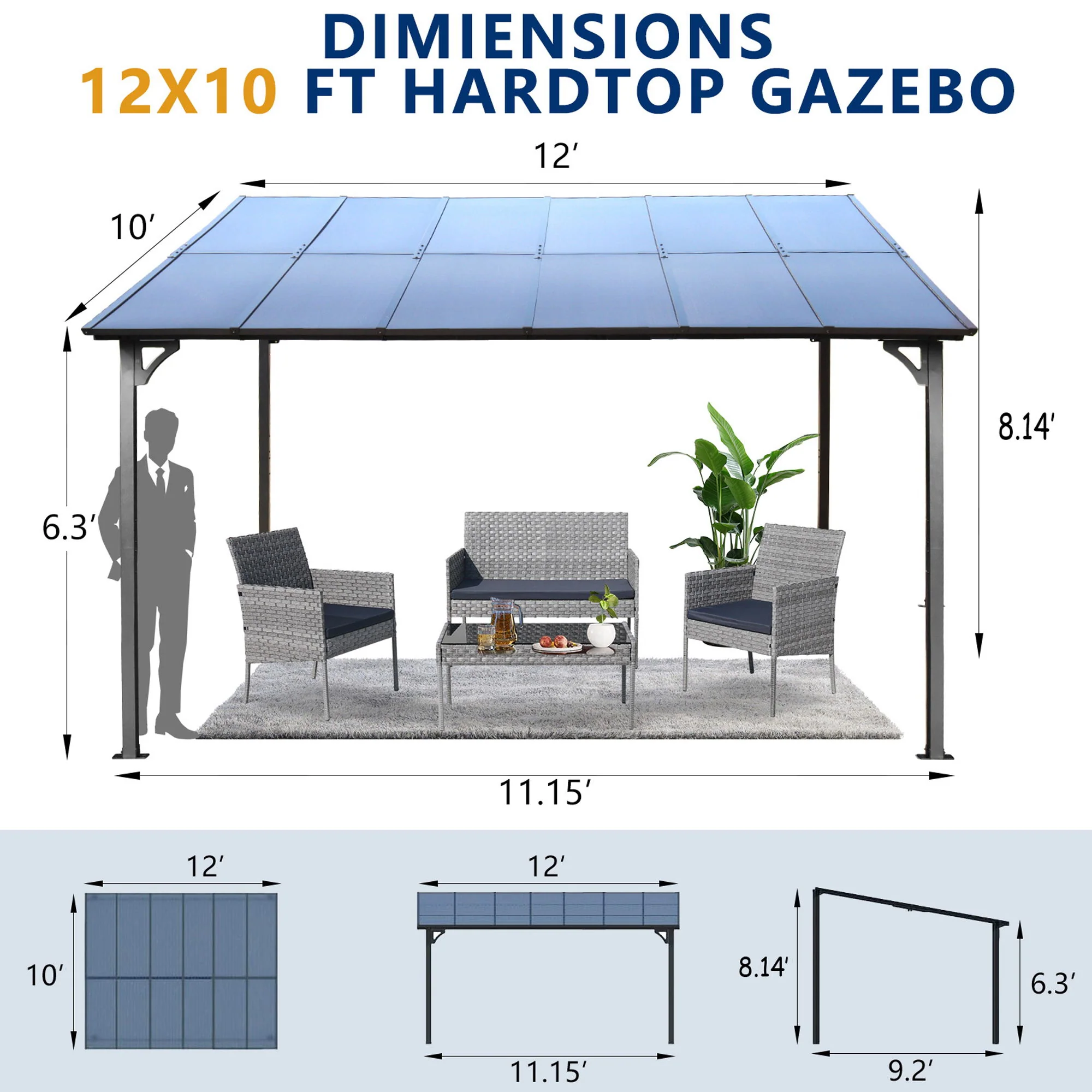 Wall Mounted Outdoor Pergola Gazebo, Heavy Duty Metal Awning With Roof - Image 7