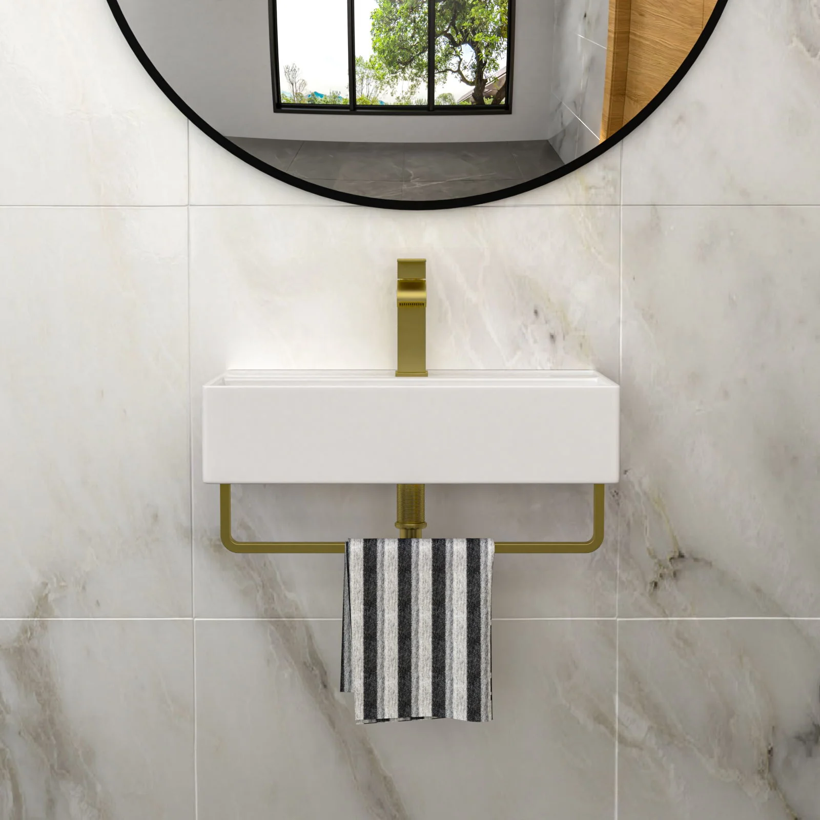 Wall Mounted Rectangular Bathroom Sink With Towel Bar - Image 6