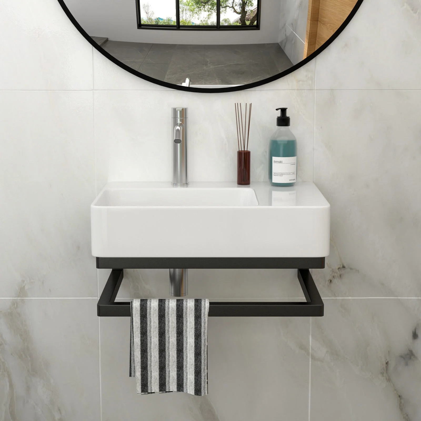 Wall Mounted Rectangular Bathroom Sink With Towel Bar And Faucet Hole - White - Image 3