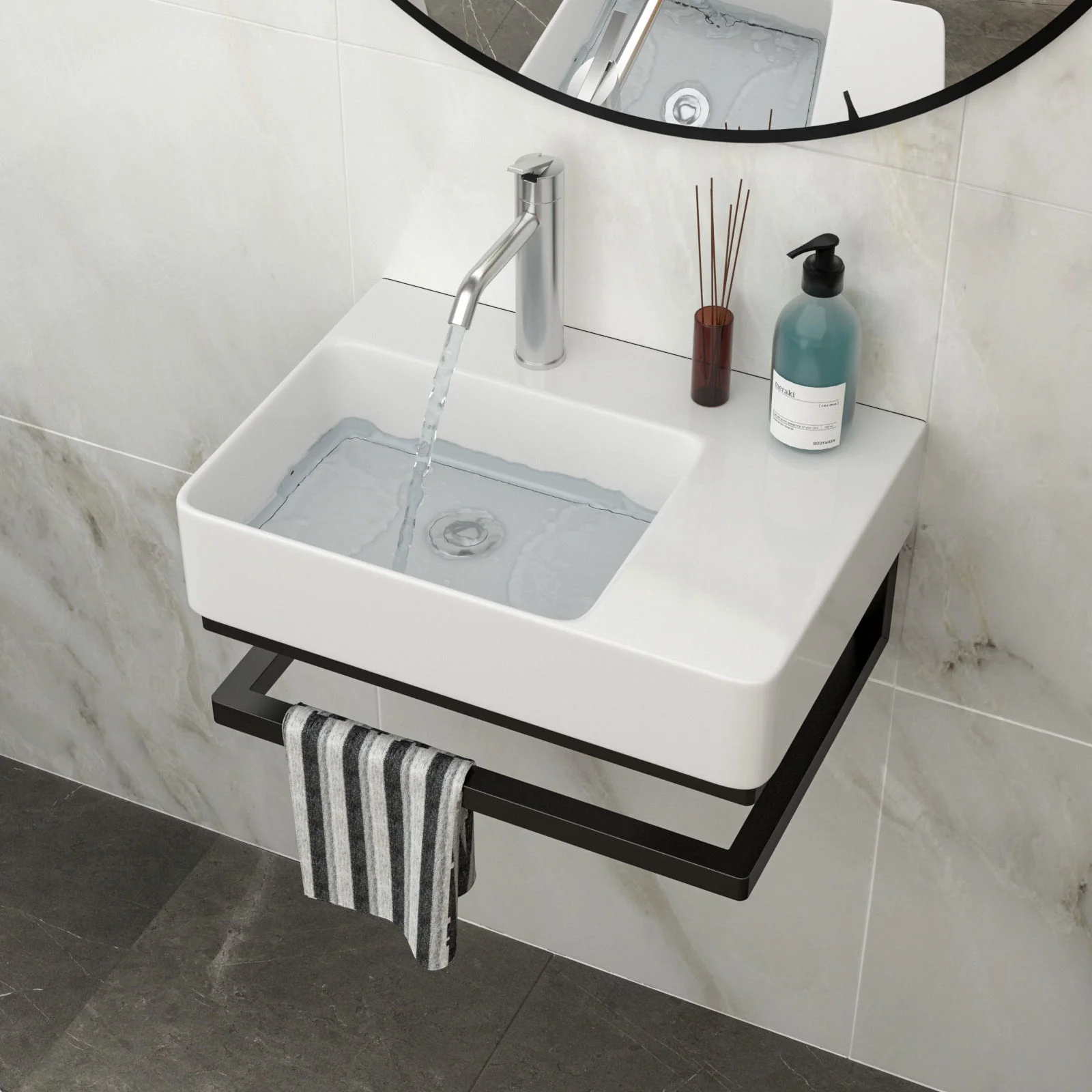 Wall Mounted Rectangular Bathroom Sink With Towel Bar And Faucet Hole - White - Image 4
