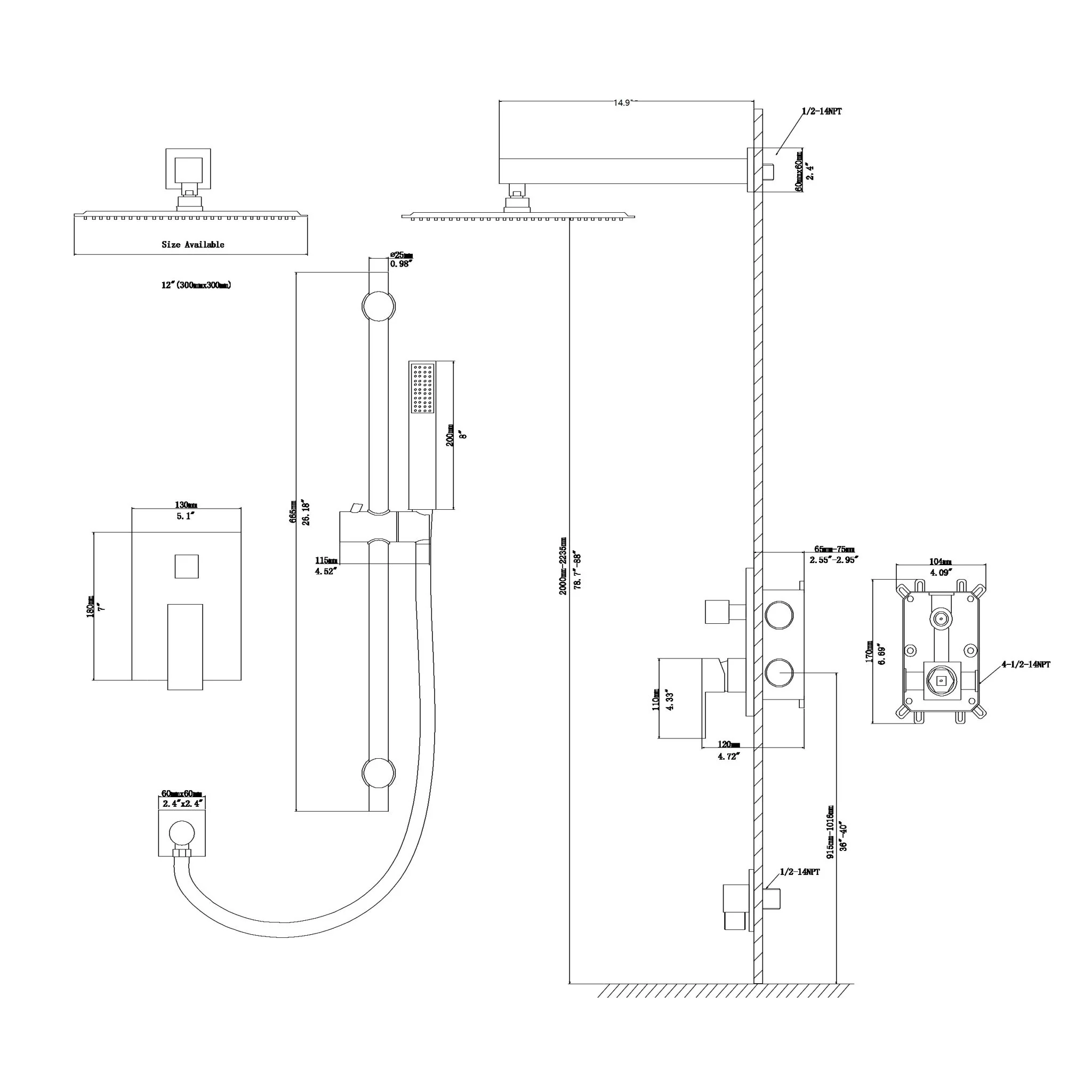 Wall Mounted Shower System With Adjustable Slide Bar And Rough In Valve, 12" Square Design - Brushed Nickel - Image 2