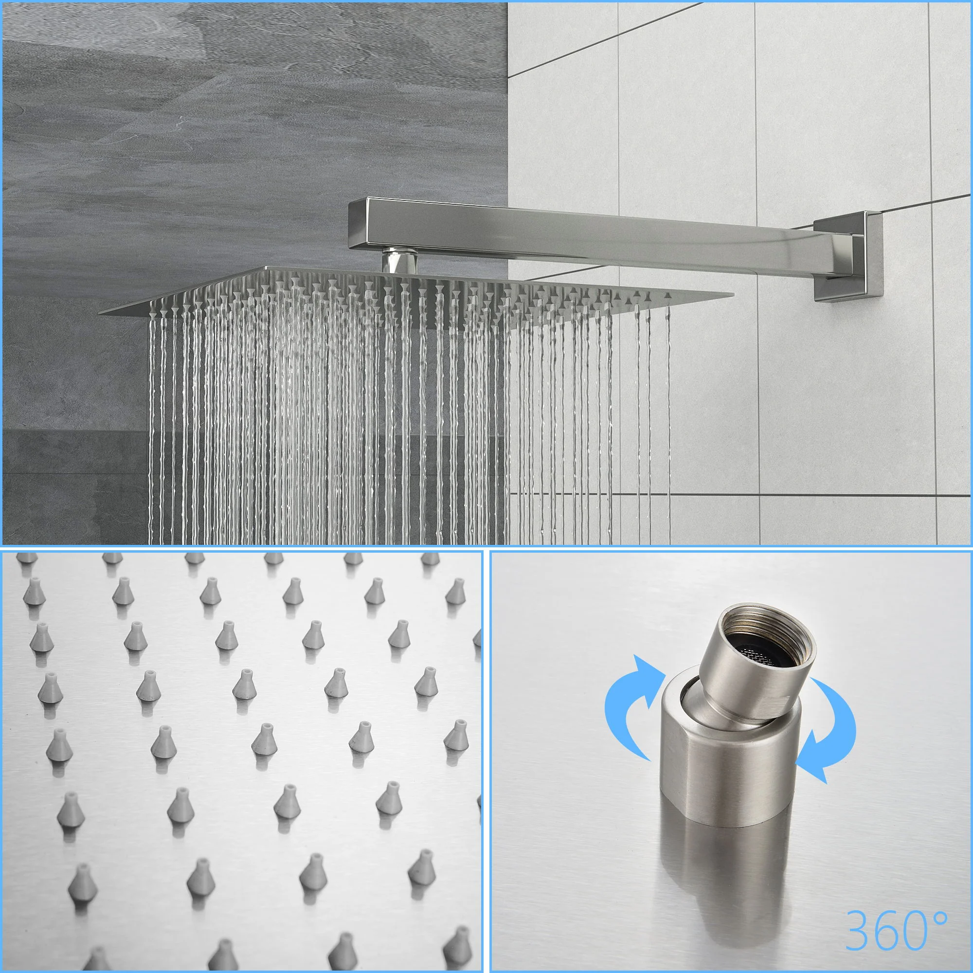 Wall Mounted Shower System With Adjustable Slide Bar And Rough In Valve, 12" Square Design - Brushed Nickel - Image 3
