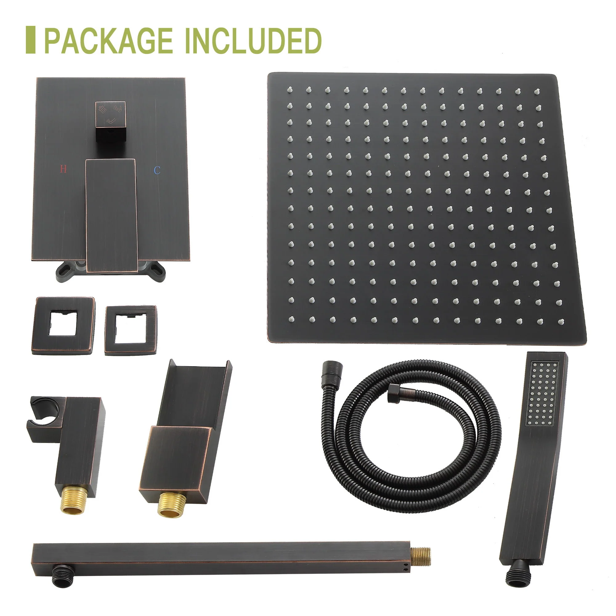 Wall Mounted Square Shower System With Waterfall Tub Spout And 12" Shower Head - Oil-Rubbed Bronze - Image 6