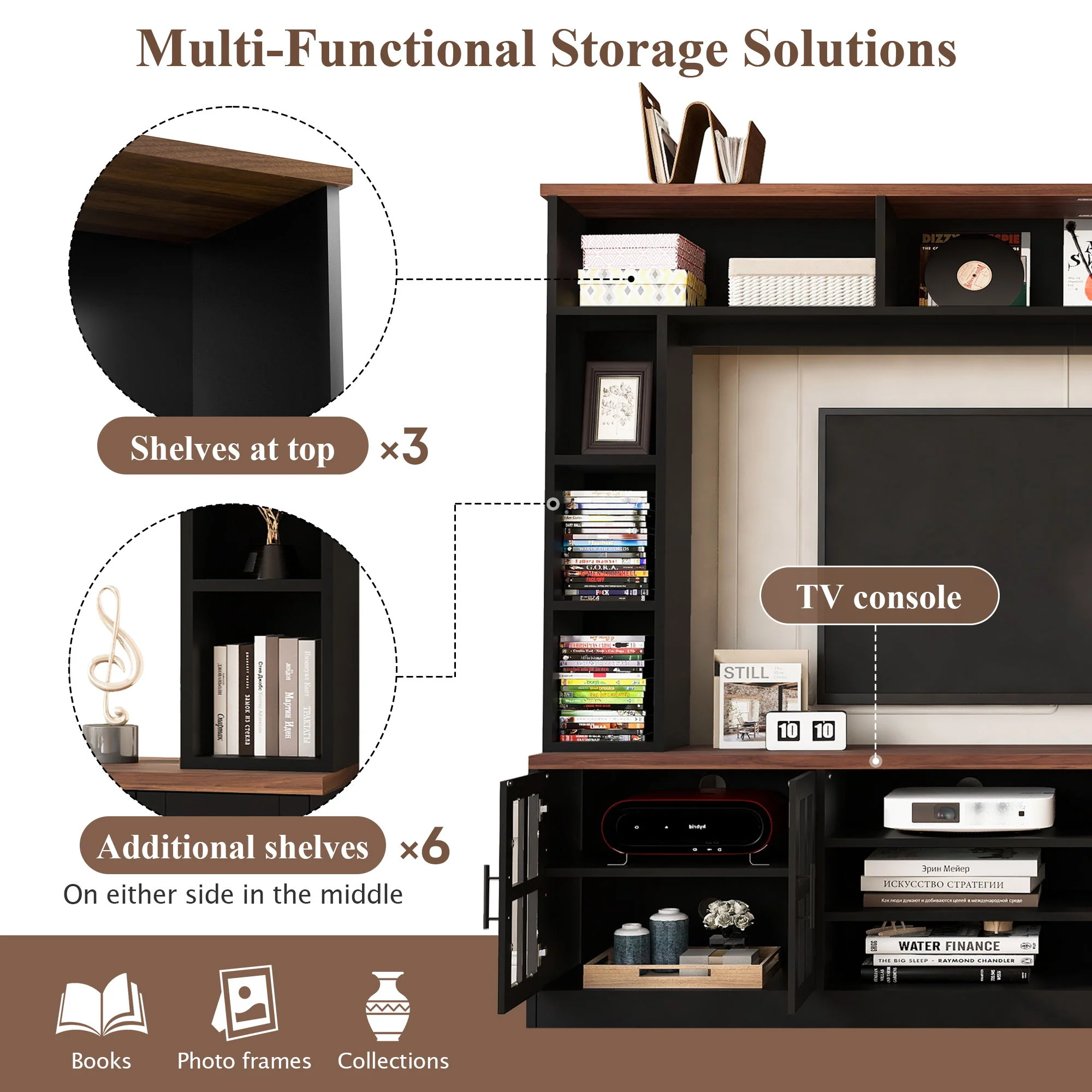 Wall Unit Entertainment Center With Bookshelves For TVs Up To 80", Tempered Glass Doors And Adjustable Shelves - Image 3