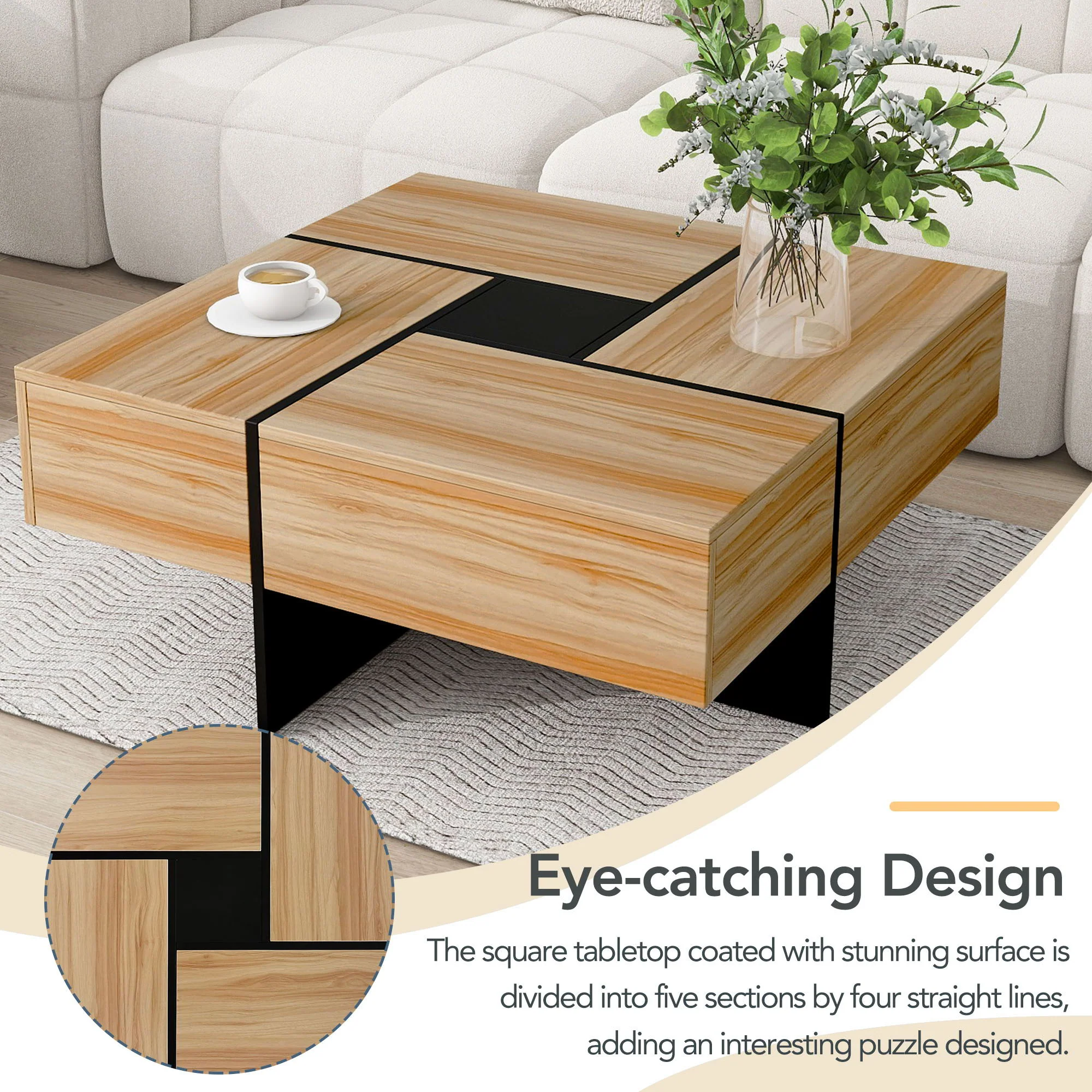 Wallace - Coffee Table With 4 Hidden Storage Compartments - Brown - Image 3