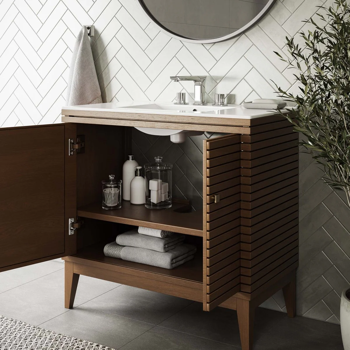 Walnut Mid-Century Wood Bathroom Vanity Cabinet with Drawers and Open Storage - Image 14