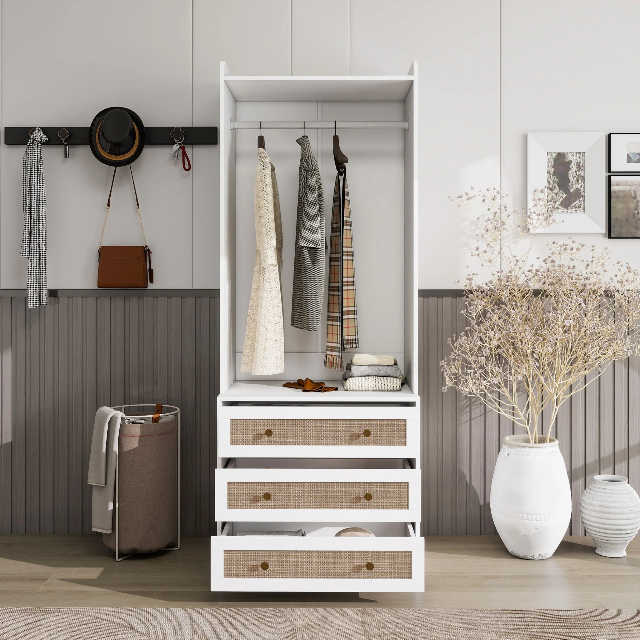 Wardrobe With 3 Drawers High Wardrobe Armoire With Rattan For Living Room Organizer - White - Image 5