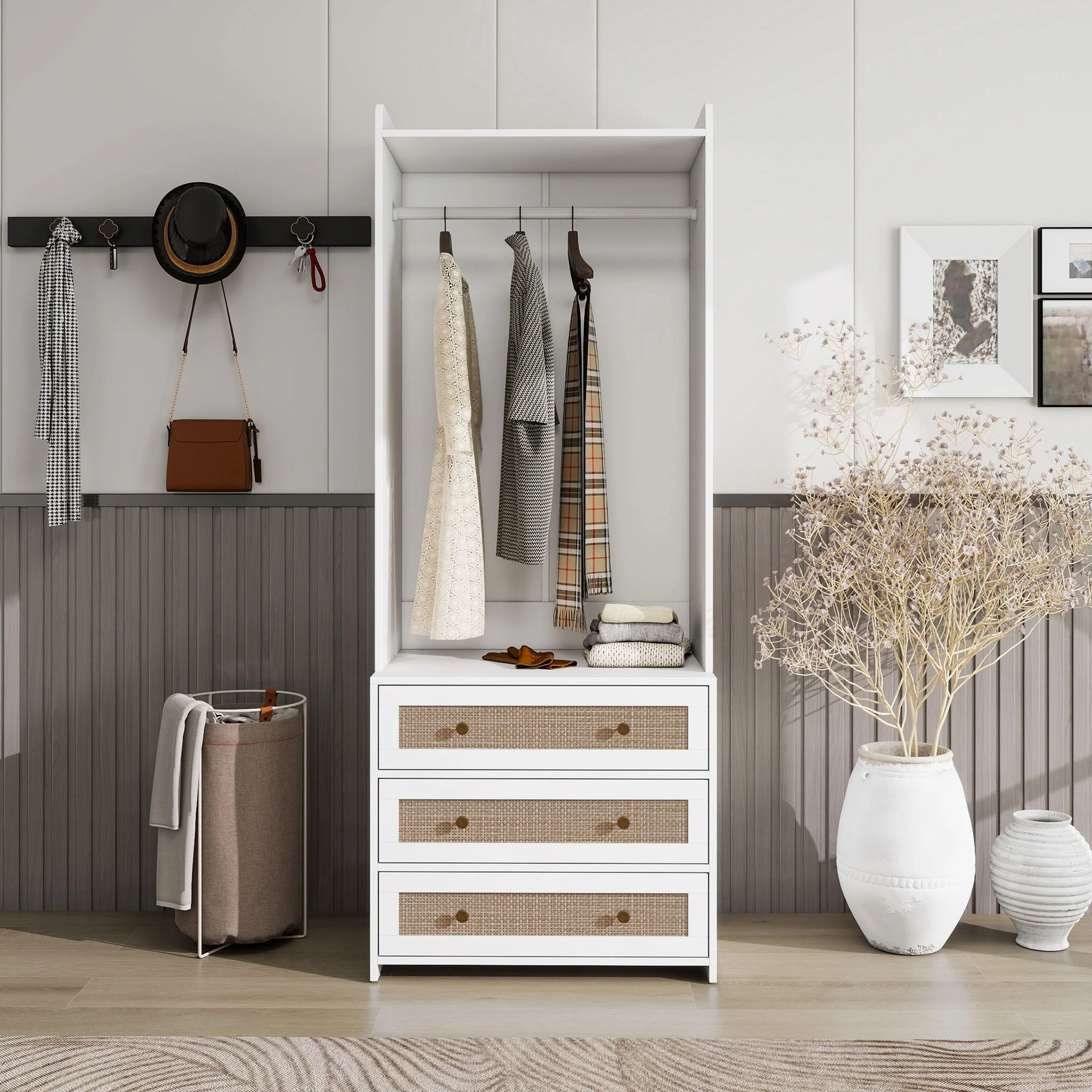 Wardrobe With 3 Drawers High Wardrobe Armoire With Rattan For Living Room Organizer - White - Image 6