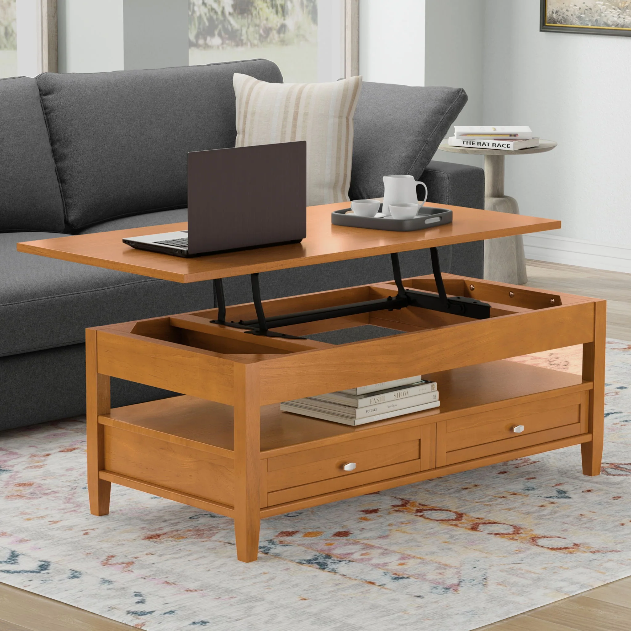 Warm Shaker - Lift Top Coffee Table With Hidden Storage And Lift Top Functionality - Brown - Image 4