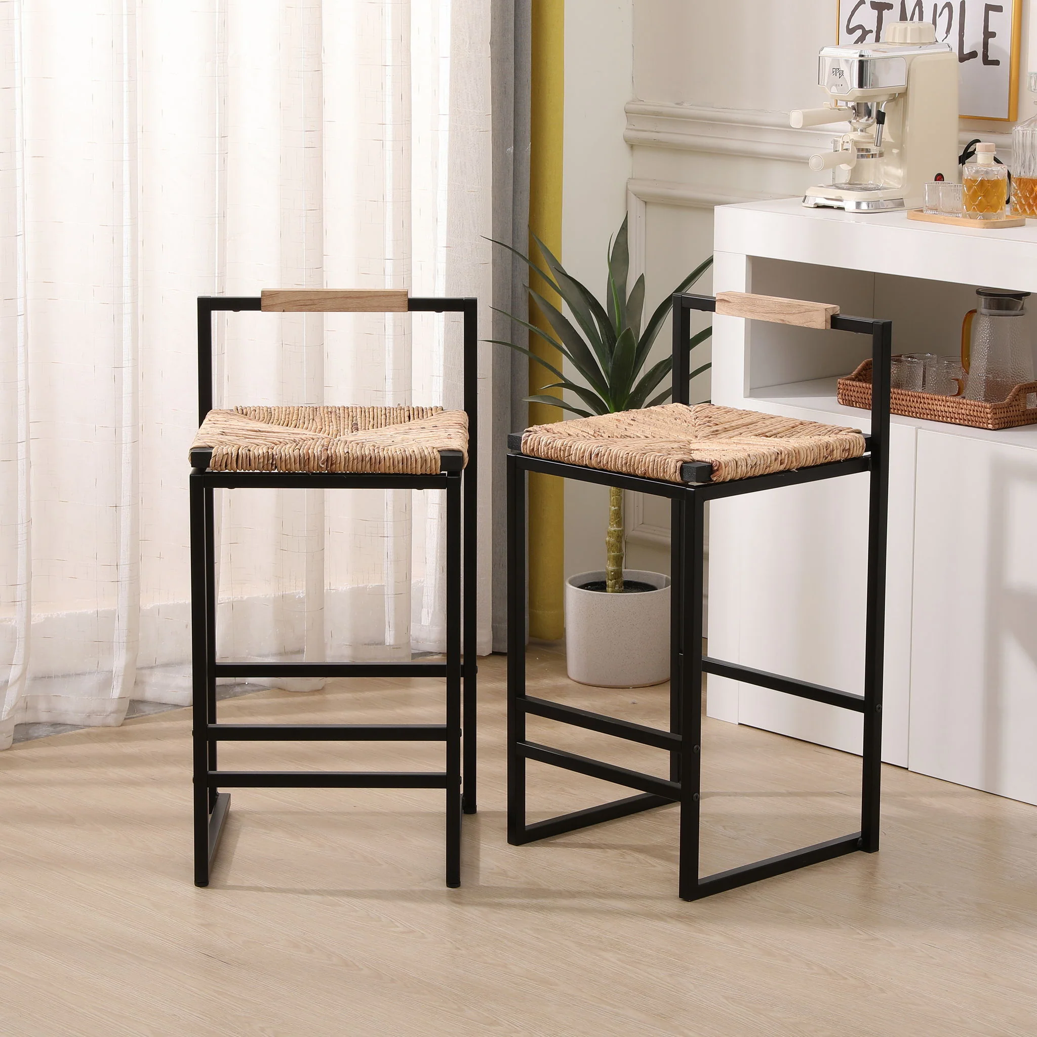 Water Hyacinth Woven Bar Stools With Back Support, Counter Height Dining Chairs (Set of 2) - Natural - Image 5