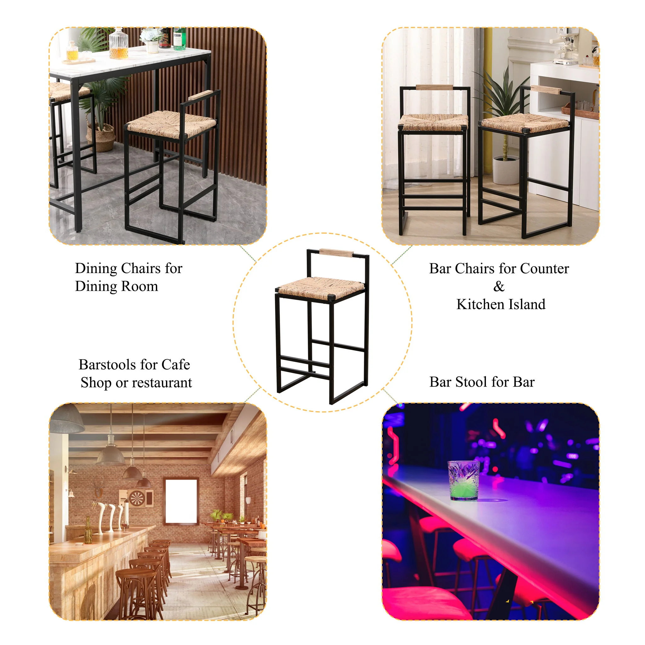 Water Hyacinth Woven Bar Stools With Back Support, Counter Height Dining Chairs (Set of 2) - Natural - Image 6