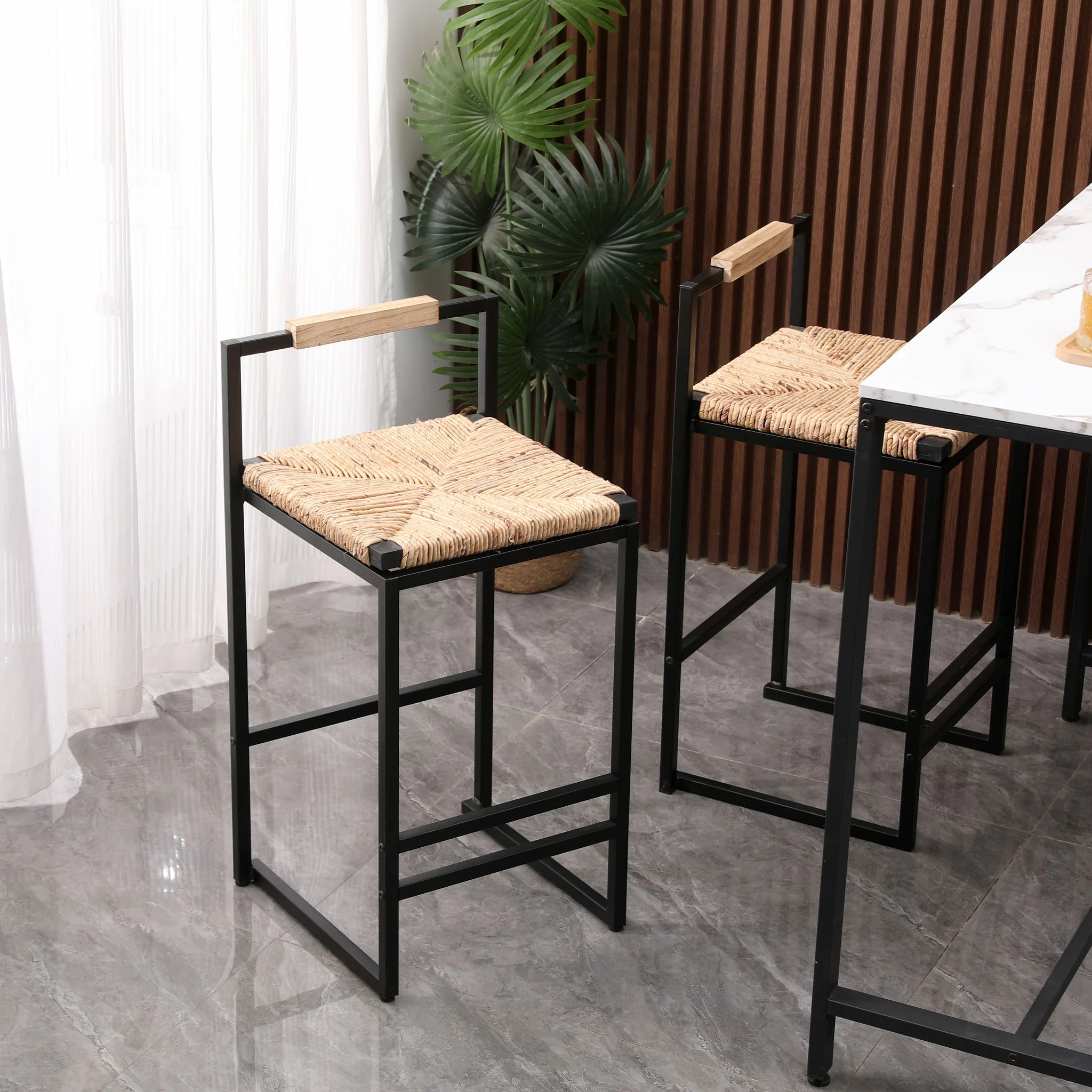 Water Hyacinth Woven Bar Stools With Back Support, Counter Height Dining Chairs (Set of 2) - Natural - Image 8