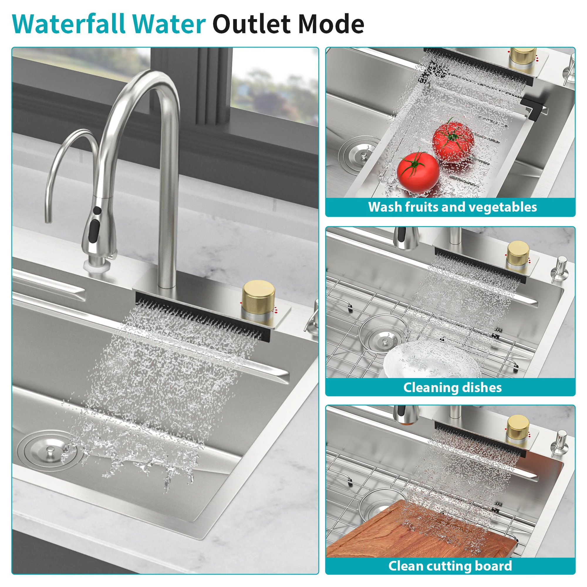 Waterfall Kitchen Sink With Pull Out Faucet & Cup Washer - Image 19