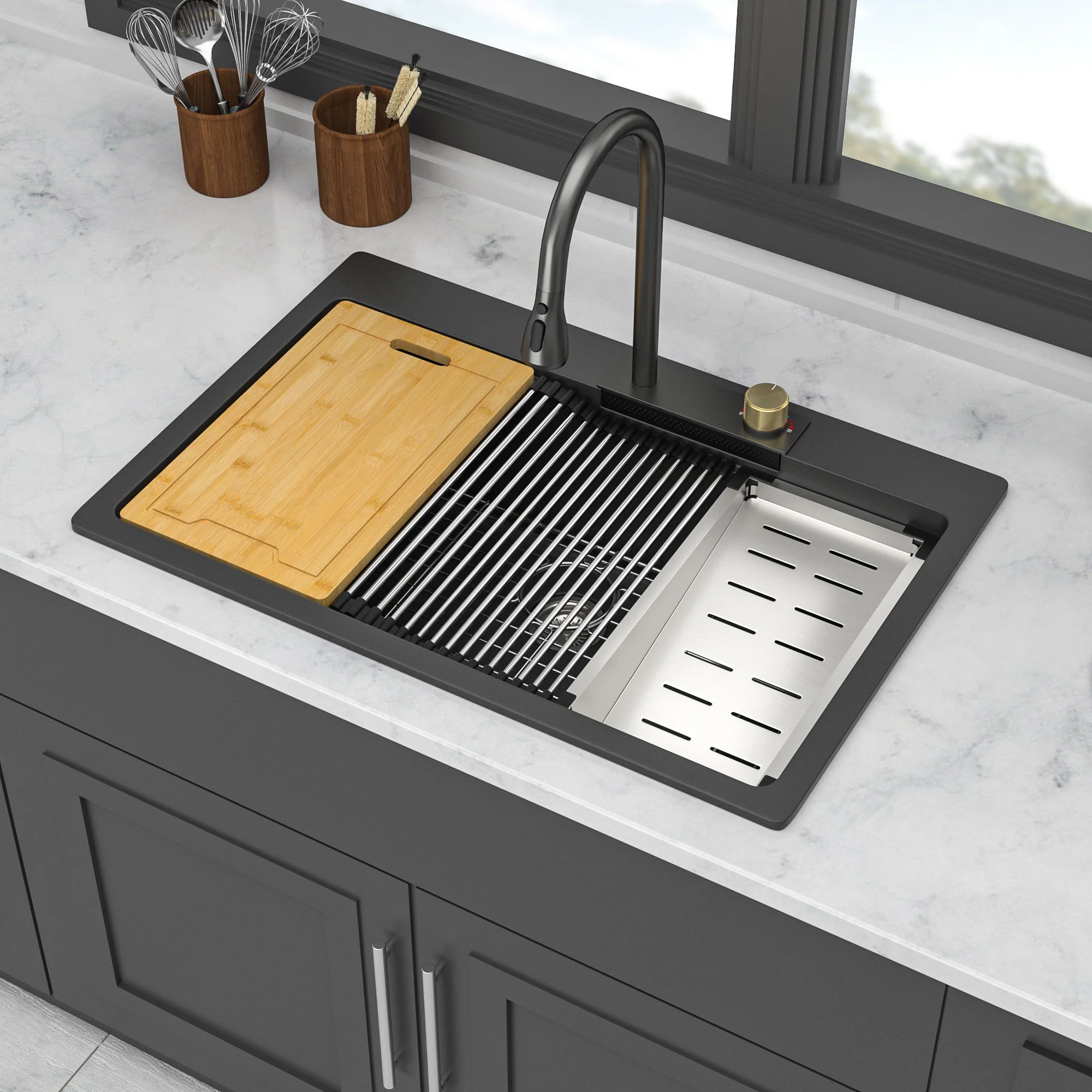 Waterfall Kitchen Sink With Pull Out Faucet & Cup Washer - Image 23