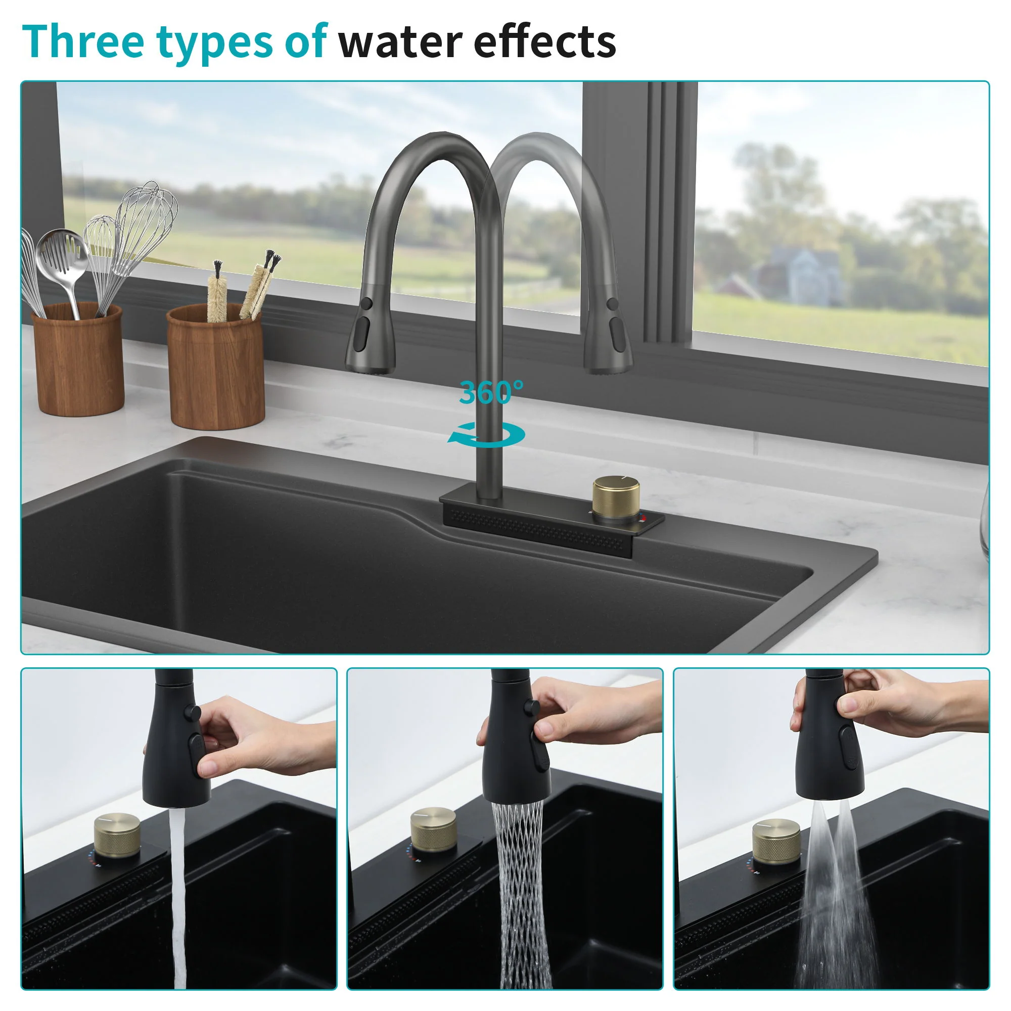Waterfall Kitchen Sink With Pull Out Faucet & Cup Washer - Image 27