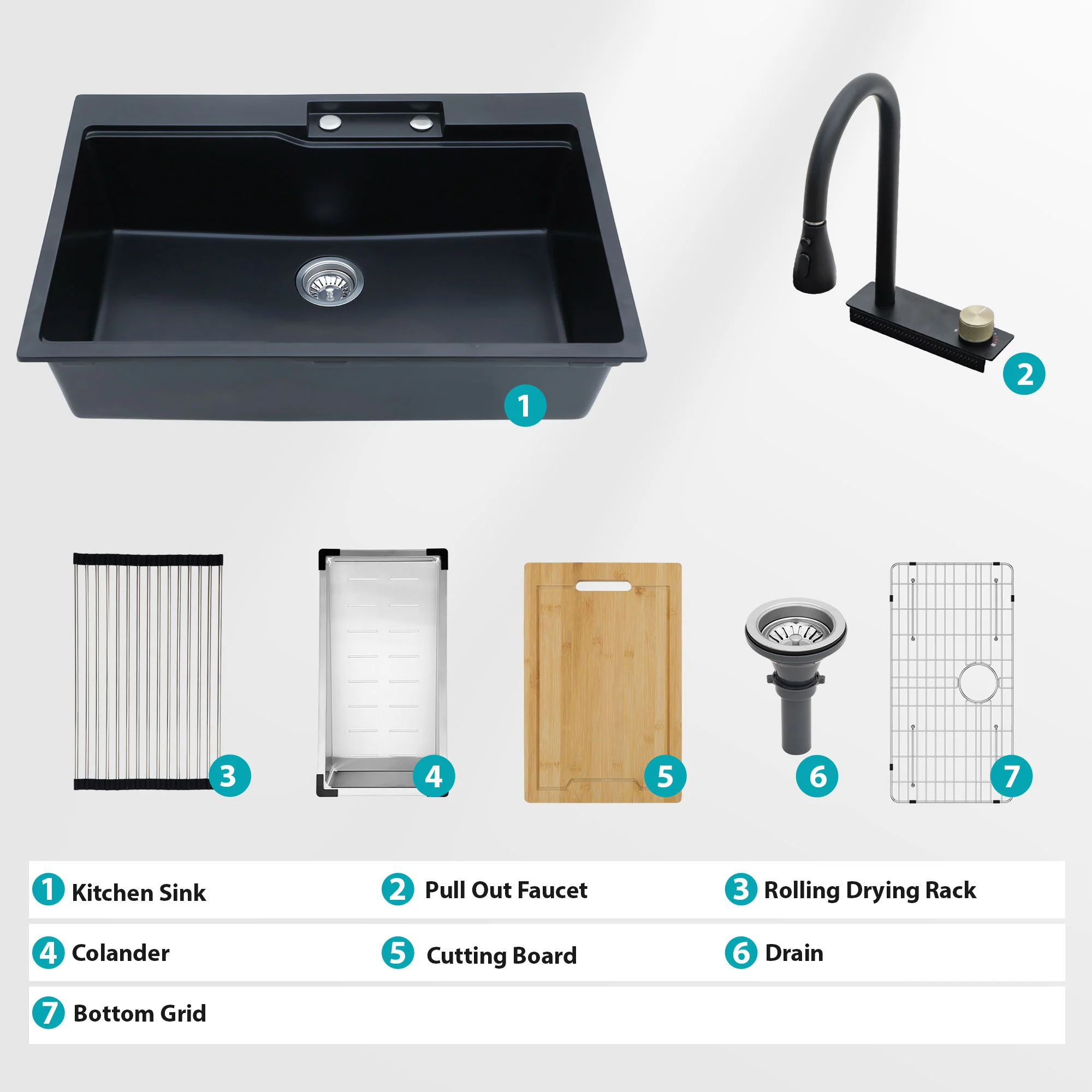 Waterfall Kitchen Sink With Pull Out Faucet & Cup Washer - Image 30