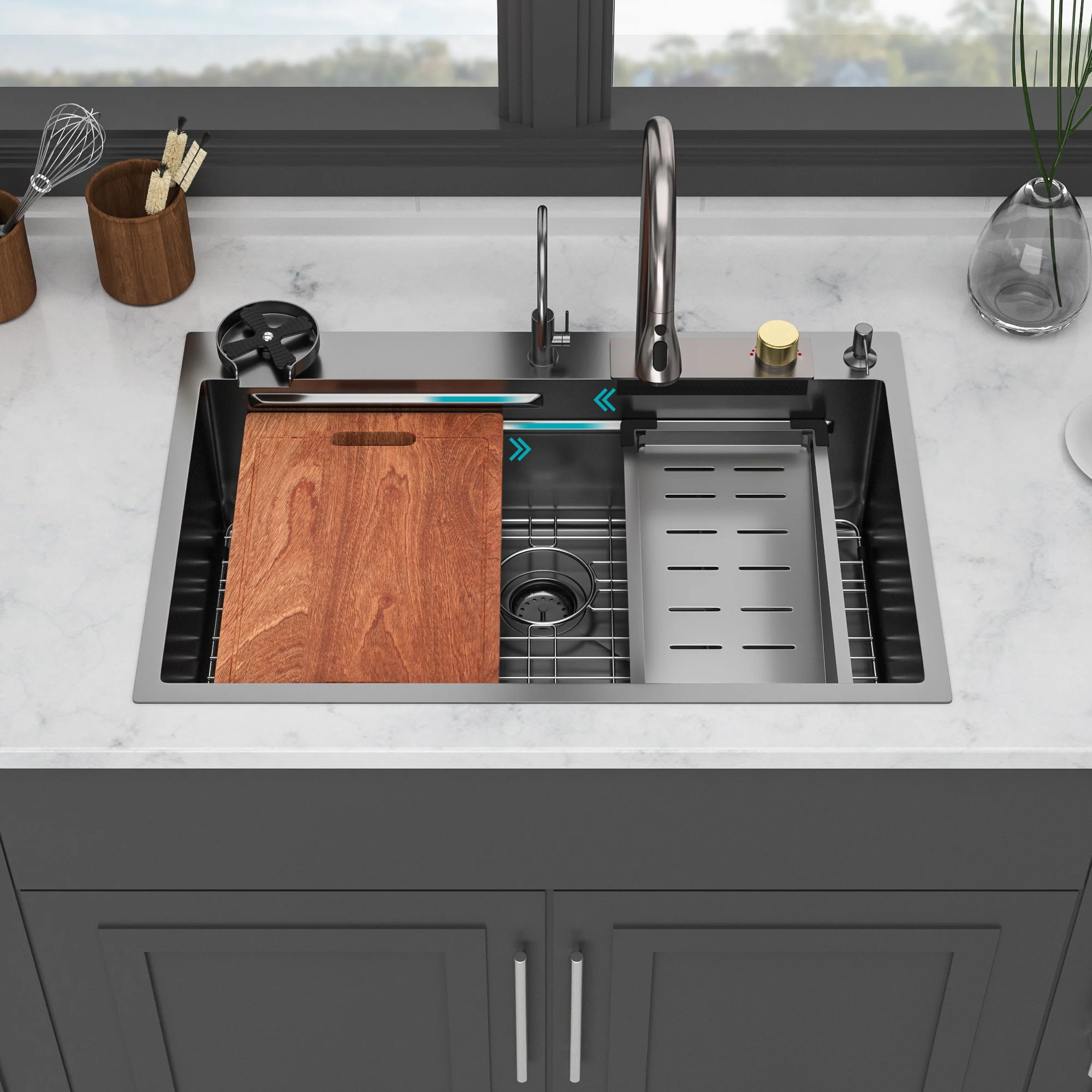 Waterfall Kitchen Sink With Pull Out Faucet & Cup Washer - Image 32
