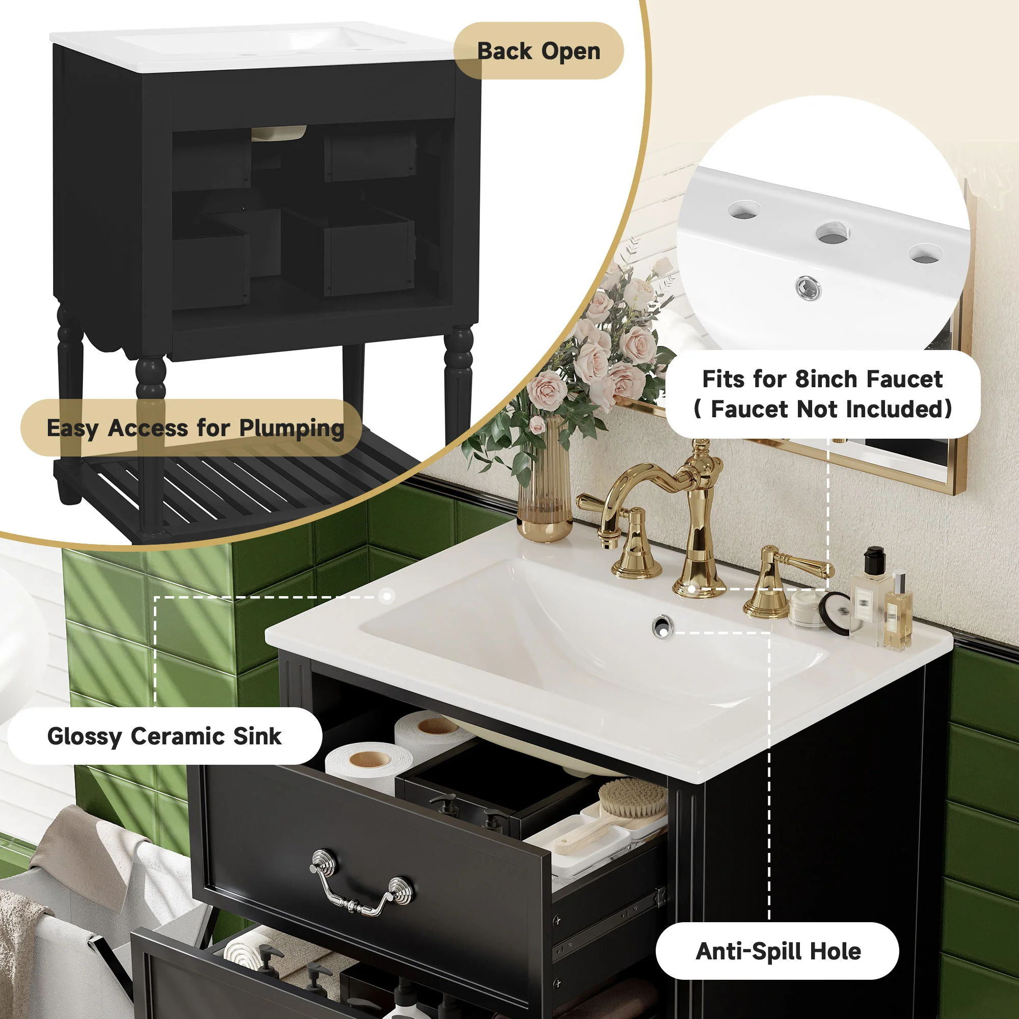 Wave Design Bathroom Vanity With Sink, 2 Drawers And Open Shelf - Image 14