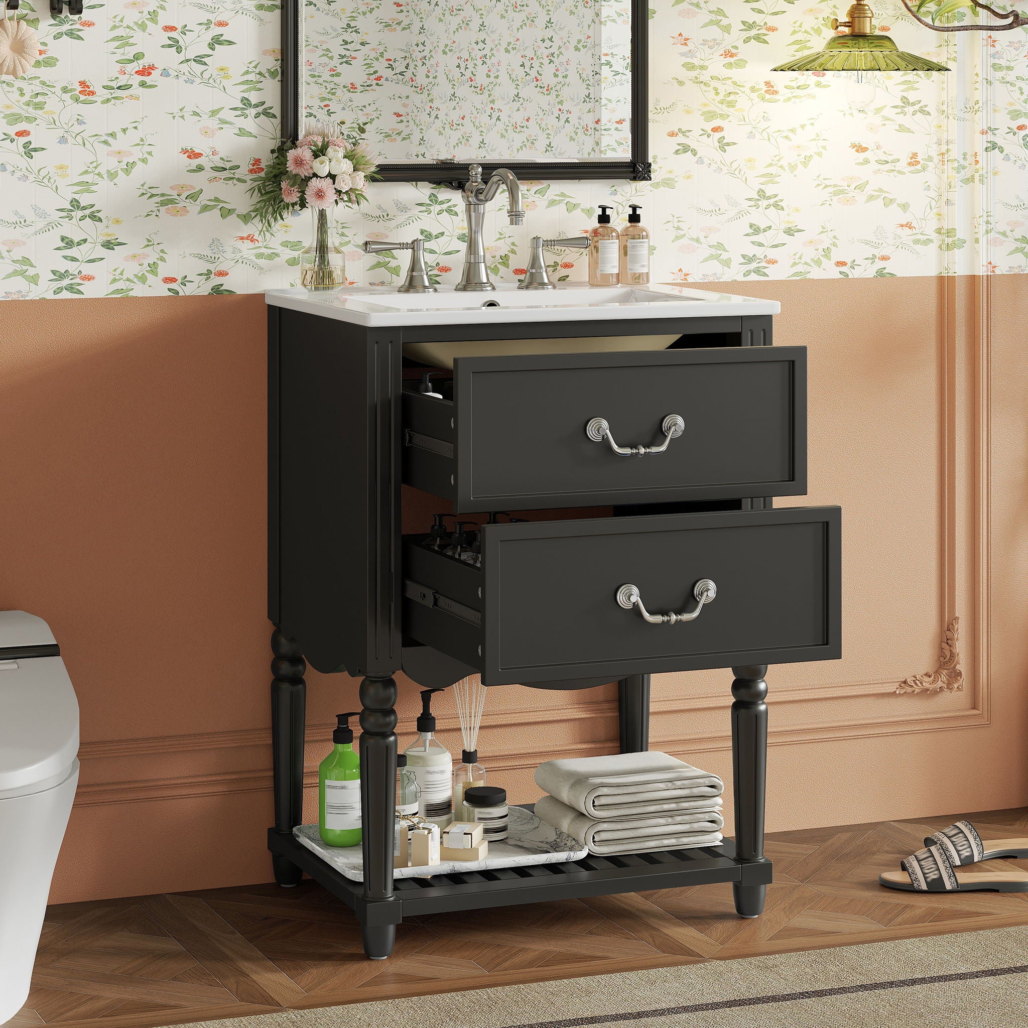Wave Design Bathroom Vanity With Sink, 2 Drawers And Open Shelf - Image 15