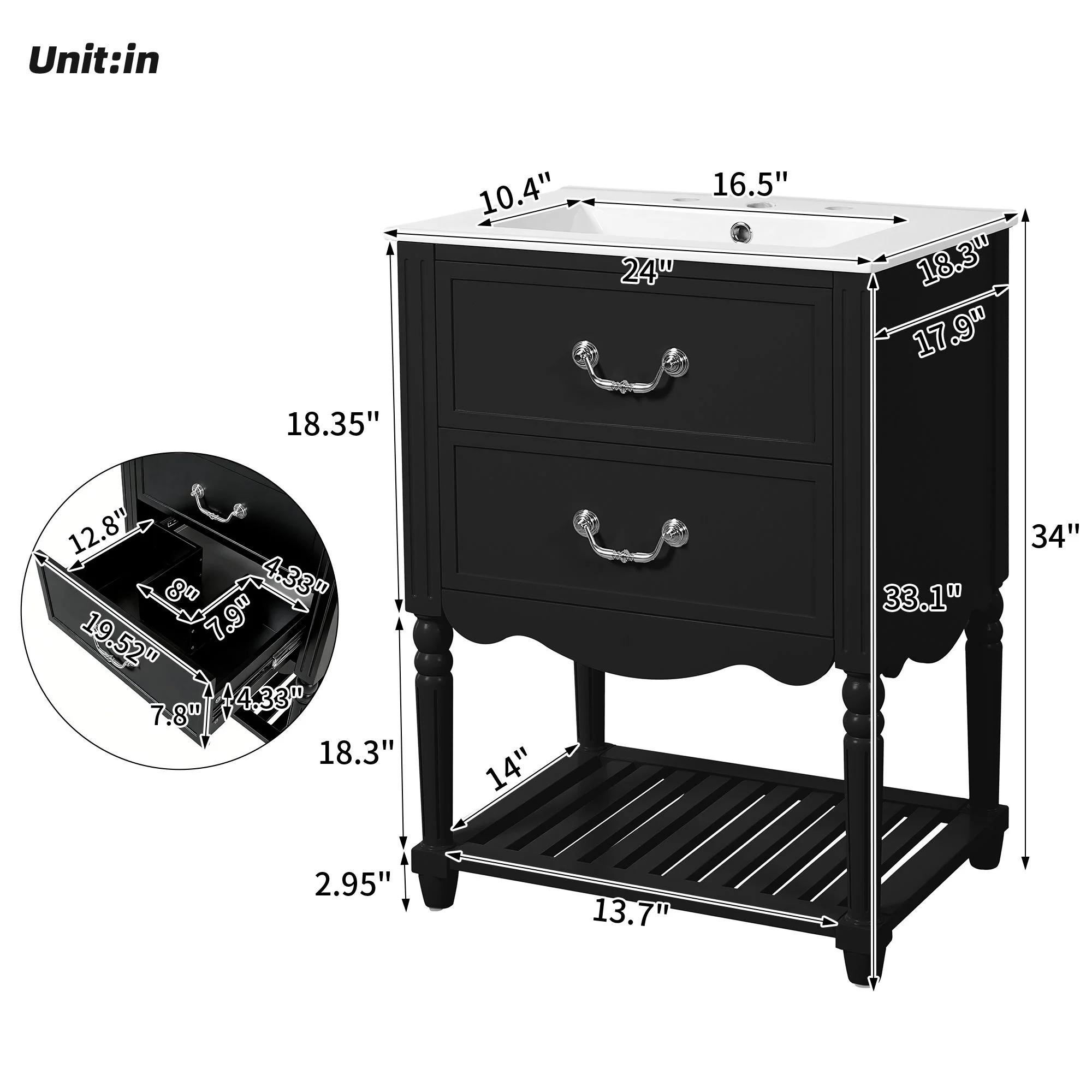 Wave Design Bathroom Vanity With Sink, 2 Drawers And Open Shelf - Image 8