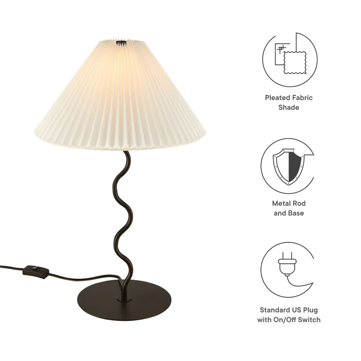 Wave Squiggle Table Lamp with Pleated Shade – Black - Image 3