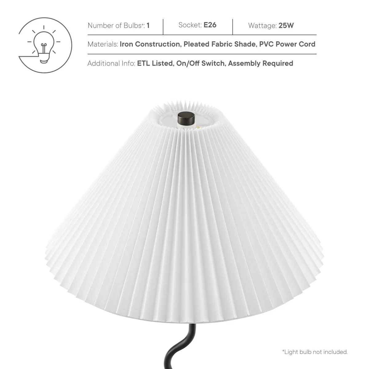 Wave Squiggle Table Lamp with Pleated Shade – Black - Image 4