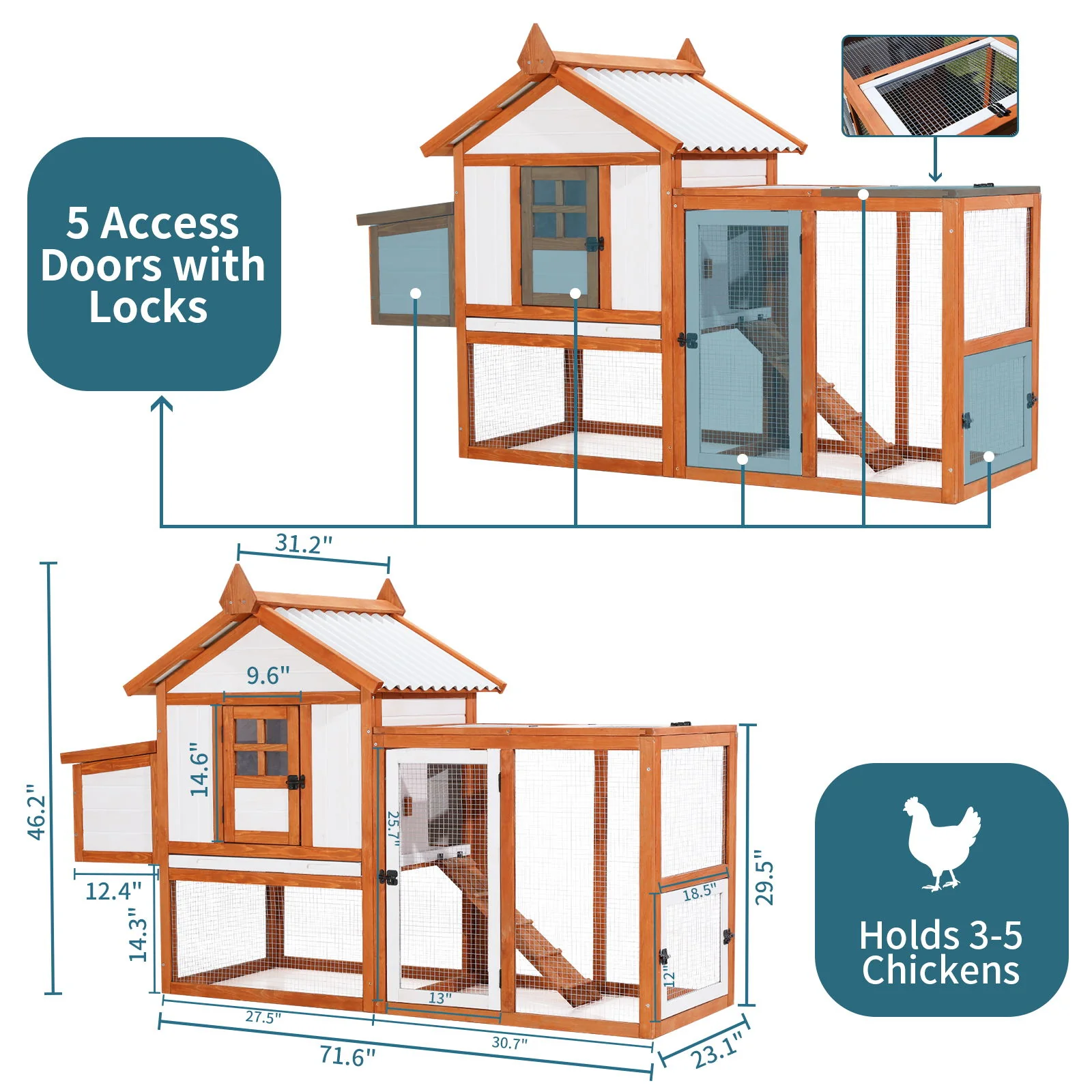 Weatherproof Outdoor Chicken Coop With Nesting Box, Hen House With Removable Bottom For Easy Cleaning, Poultry Cage, Rabbit Hutch, Wood Duck House - Brown / White - Image 4
