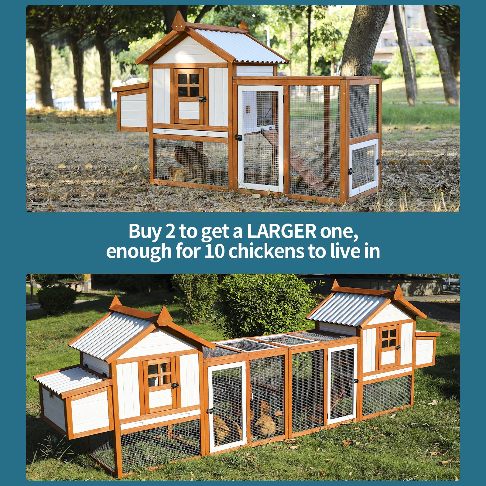 Weatherproof Outdoor Chicken Coop With Nesting Box, Hen House With Removable Bottom For Easy Cleaning, Poultry Cage, Rabbit Hutch, Wood Duck House - Brown / White - Image 6