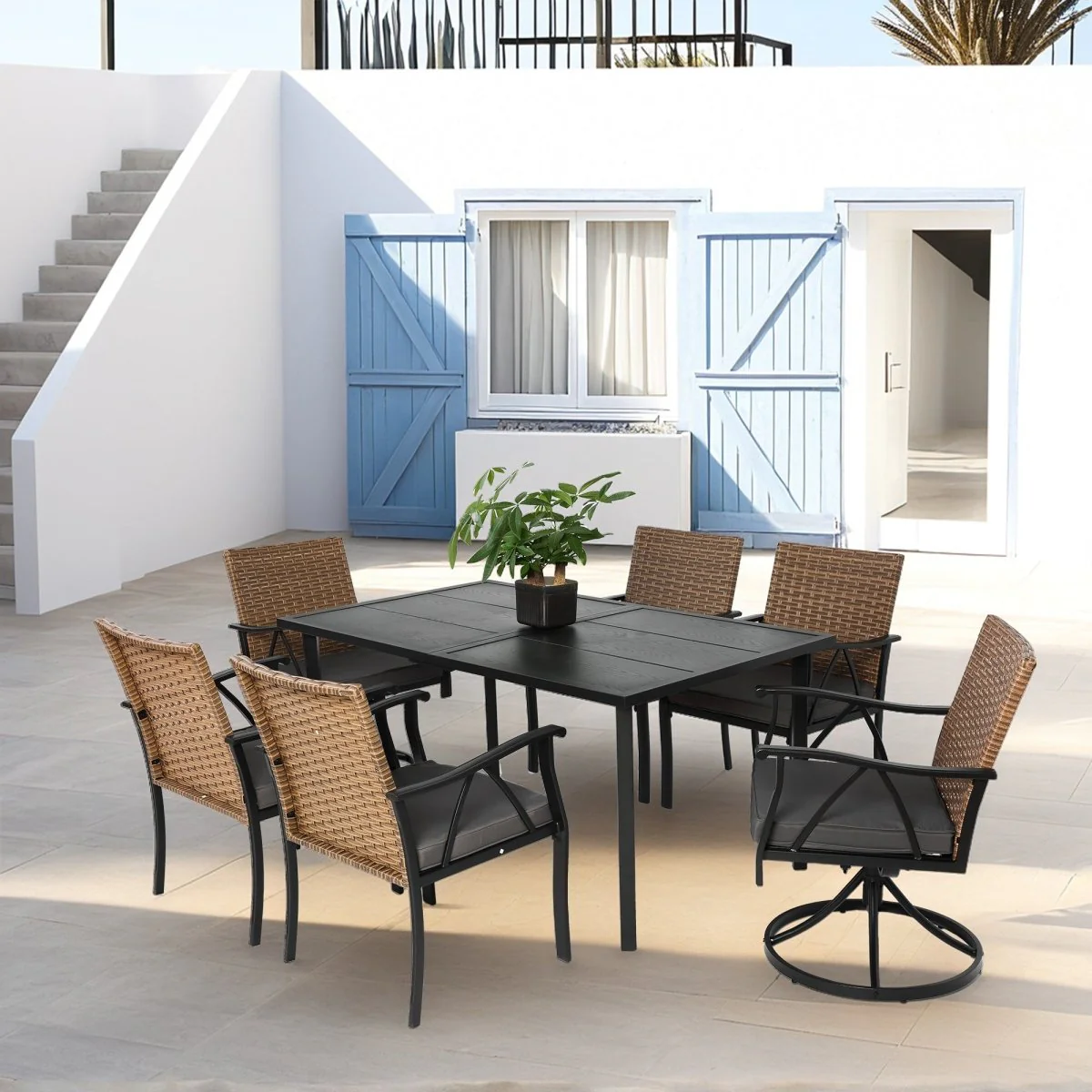 Wexley Outdoor Wicker Patio Dining Set 5 or 7 Piece Brown and Gray - Image 5