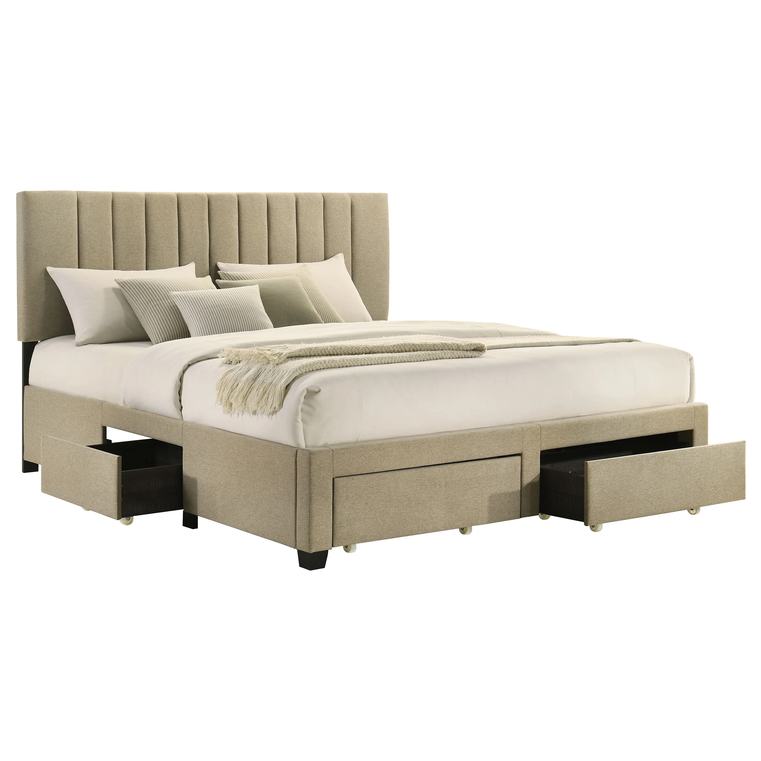 Wheatland 4-Drawer Upholstered Eastern King Storage Bed, Light Brown - Image 6