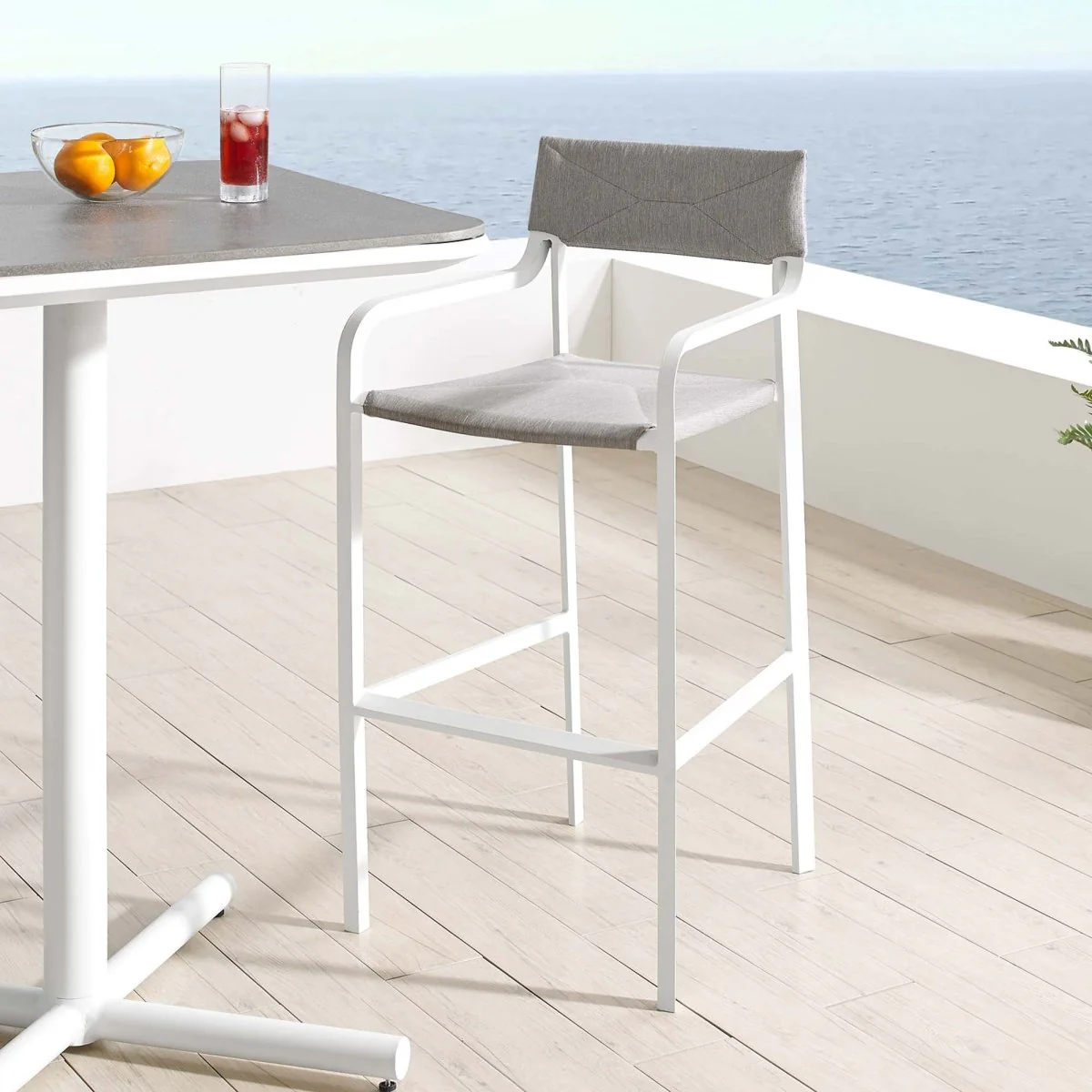 White Gray Stackable Aluminum Outdoor Bar Stool with Cushioned Seat - Image 7