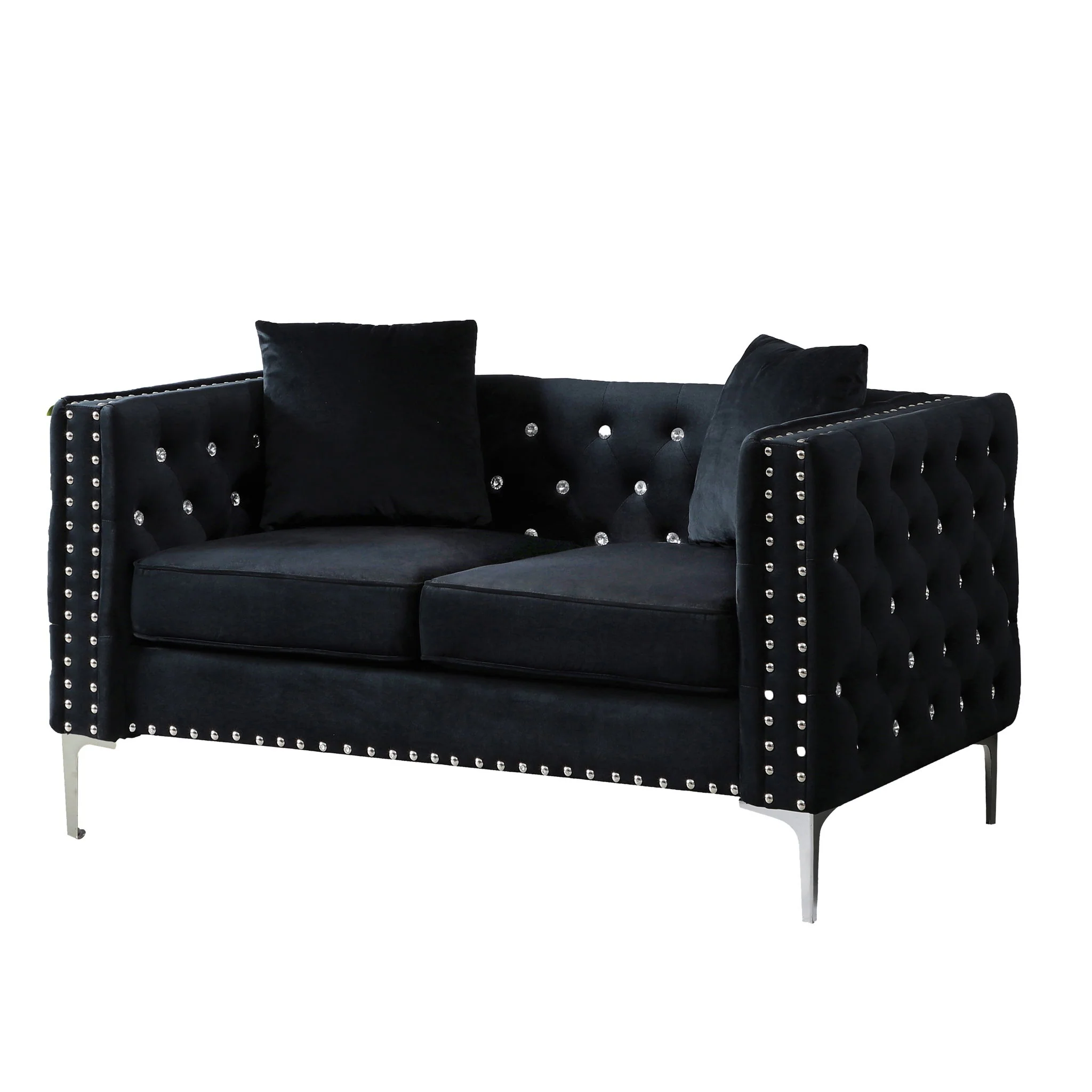 Wide Sofa With Jeweled Buttons Square Arm, 2 Pillows - Image 4