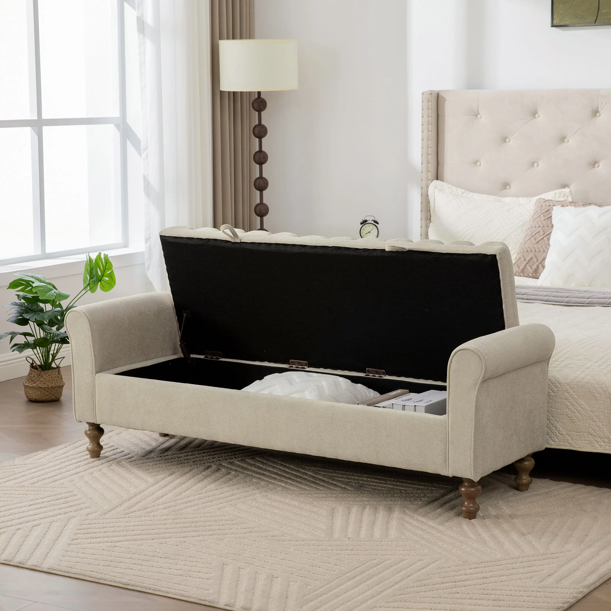 Wide Upholstered Storage Bench With Rolled Armrest For Bedroom - Griege - Image 3