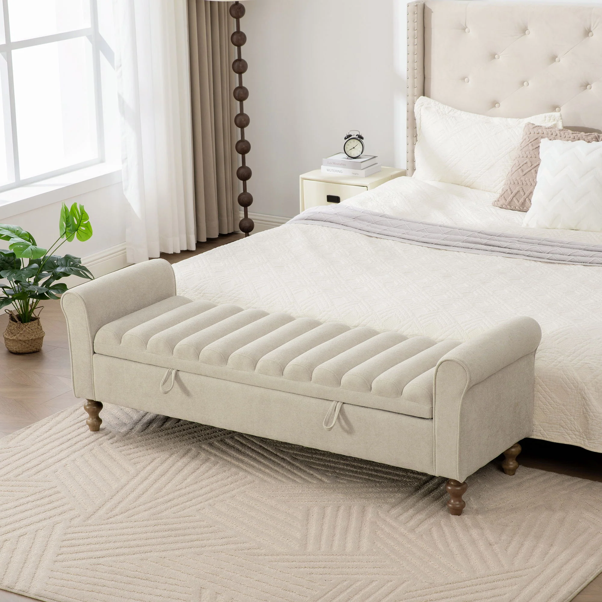Wide Upholstered Storage Bench With Rolled Armrest For Bedroom - Griege - Image 5