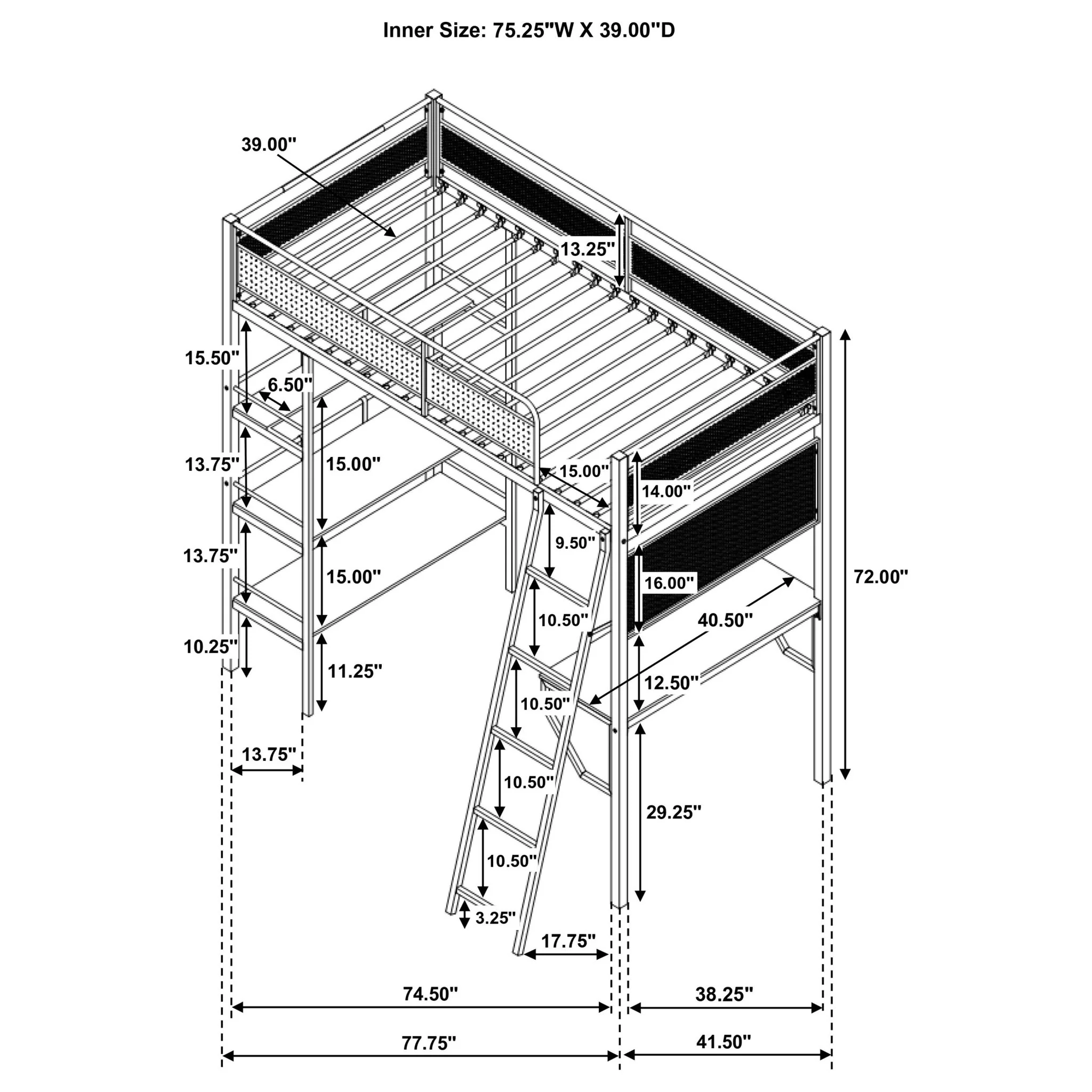 William - Twin Loft Bed 3 Shelf With Built In Desk - Matte Black - Image 5