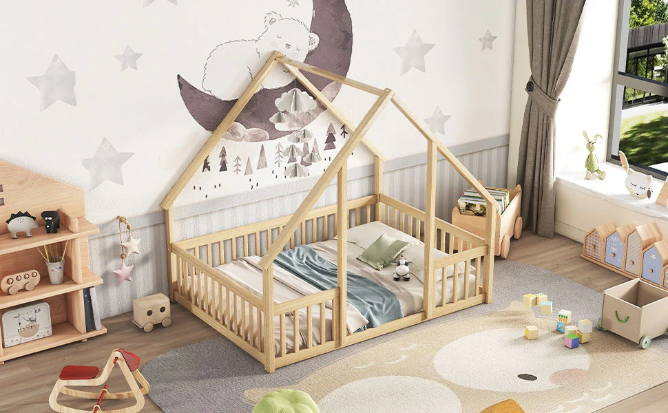 Wood House-Shaped Floor Bed With Fence, Guardrails - Image 15