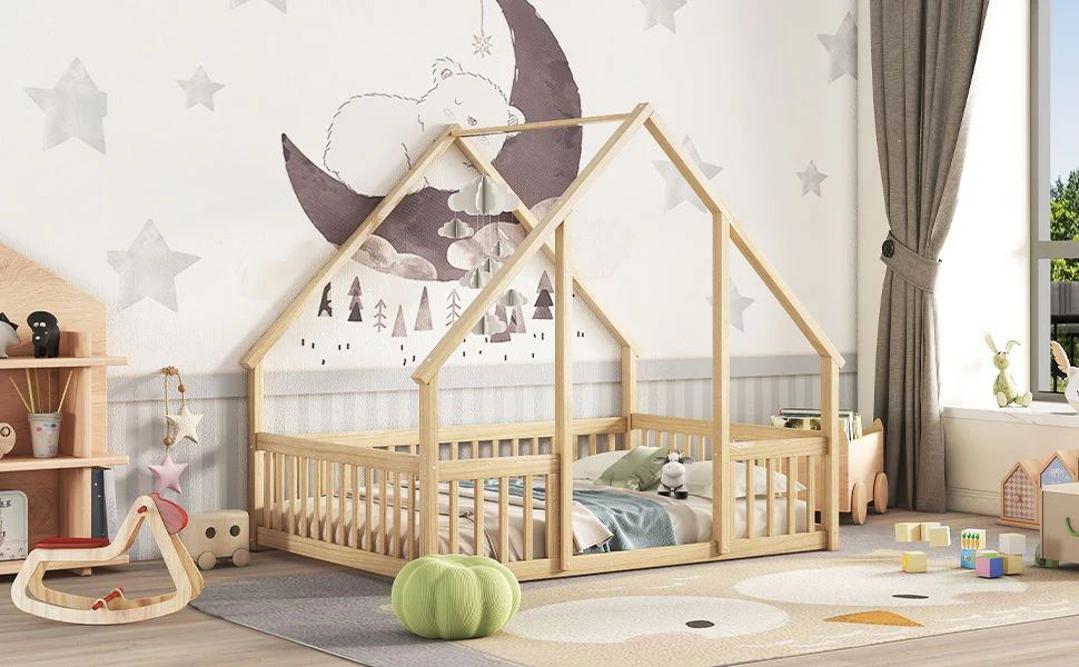 Wood House-Shaped Floor Bed With Fence, Guardrails - Image 18