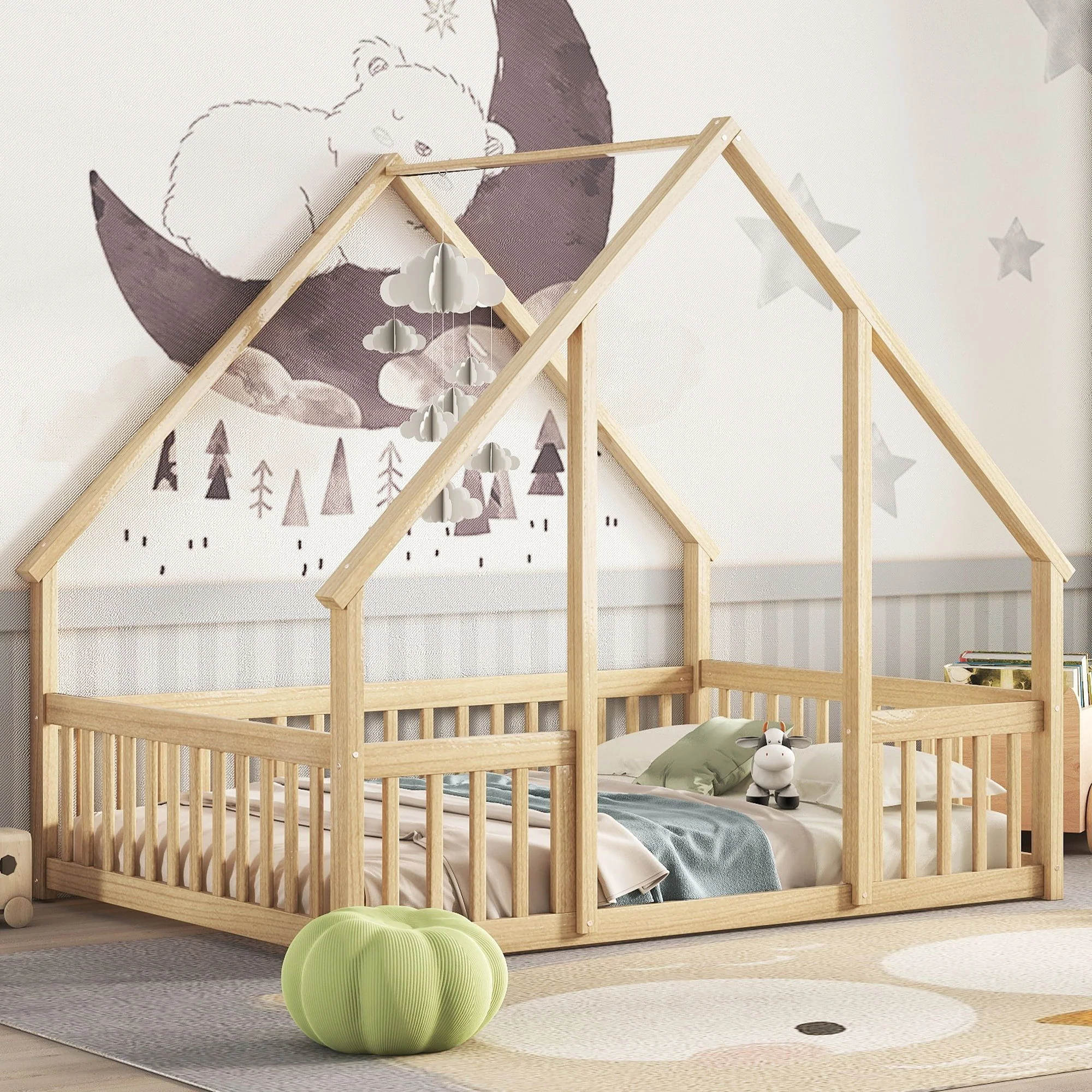 Wood House-Shaped Floor Bed With Fence, Guardrails - Image 2