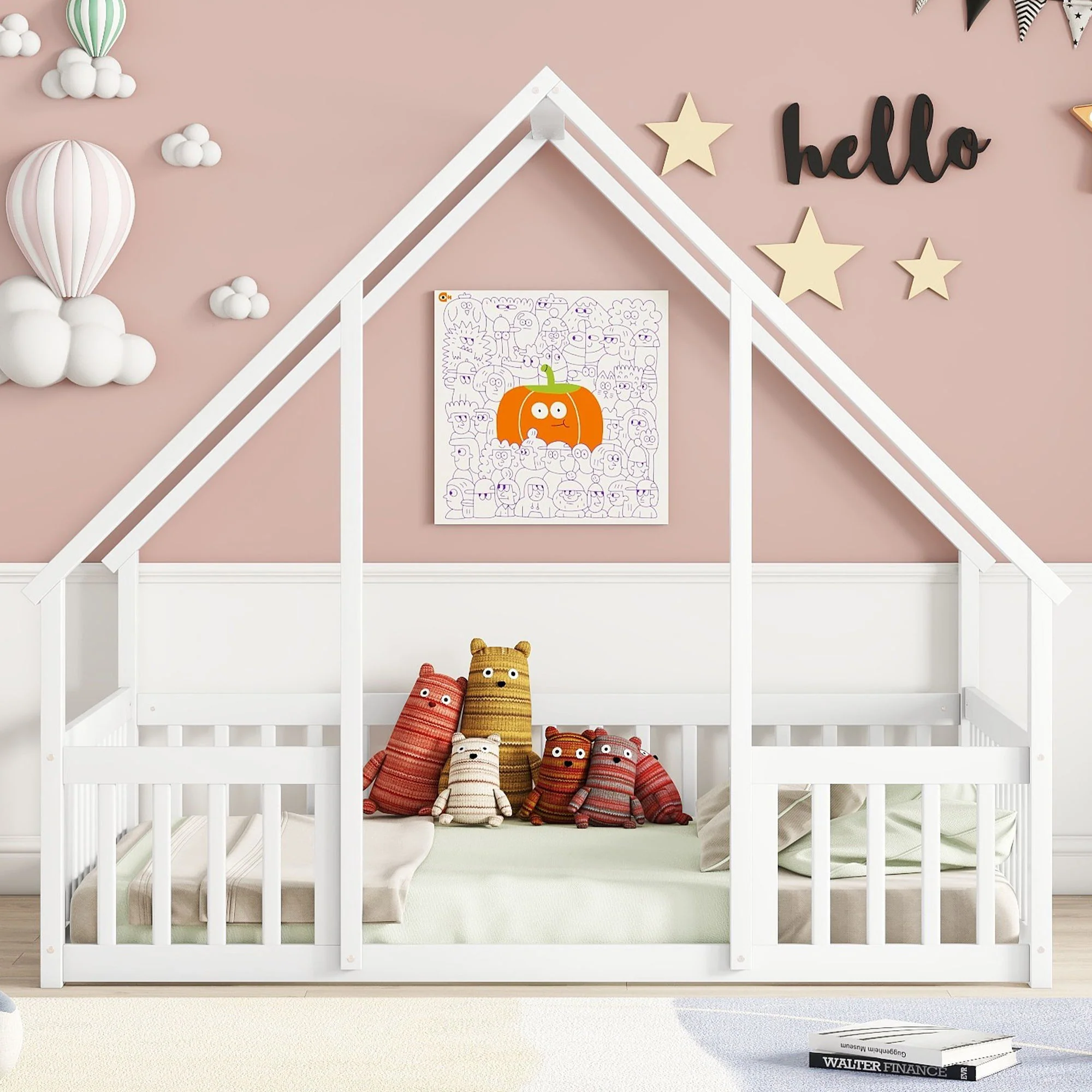 Wood House-Shaped Floor Bed With Fence, Guardrails - Image 33