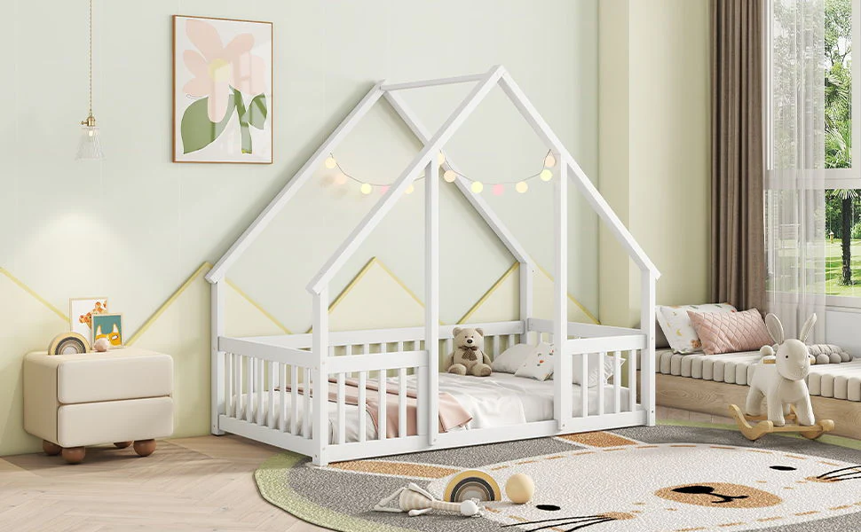 Wood House-Shaped Floor Bed With Fence, Guardrails - Image 35