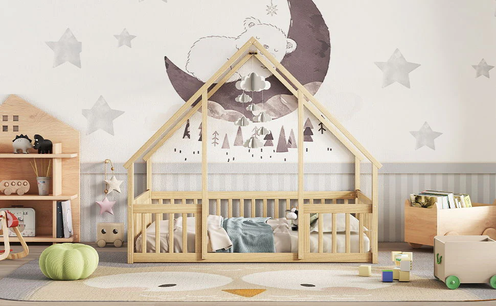 Wood House-Shaped Floor Bed With Fence, Guardrails - Image 42