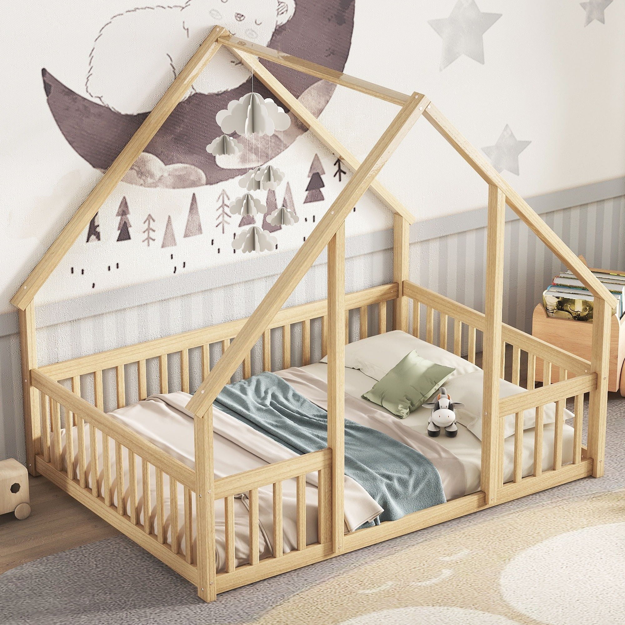 Wood House-Shaped Floor Bed With Fence, Guardrails - Image 44