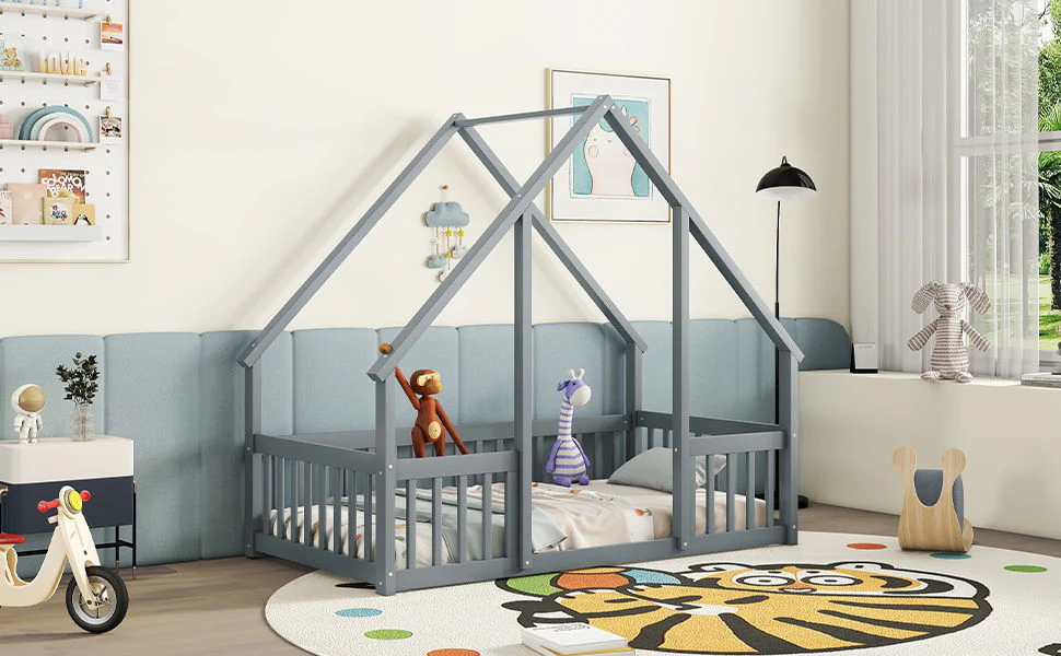 Wood House-Shaped Floor Bed With Fence, Guardrails - Image 7