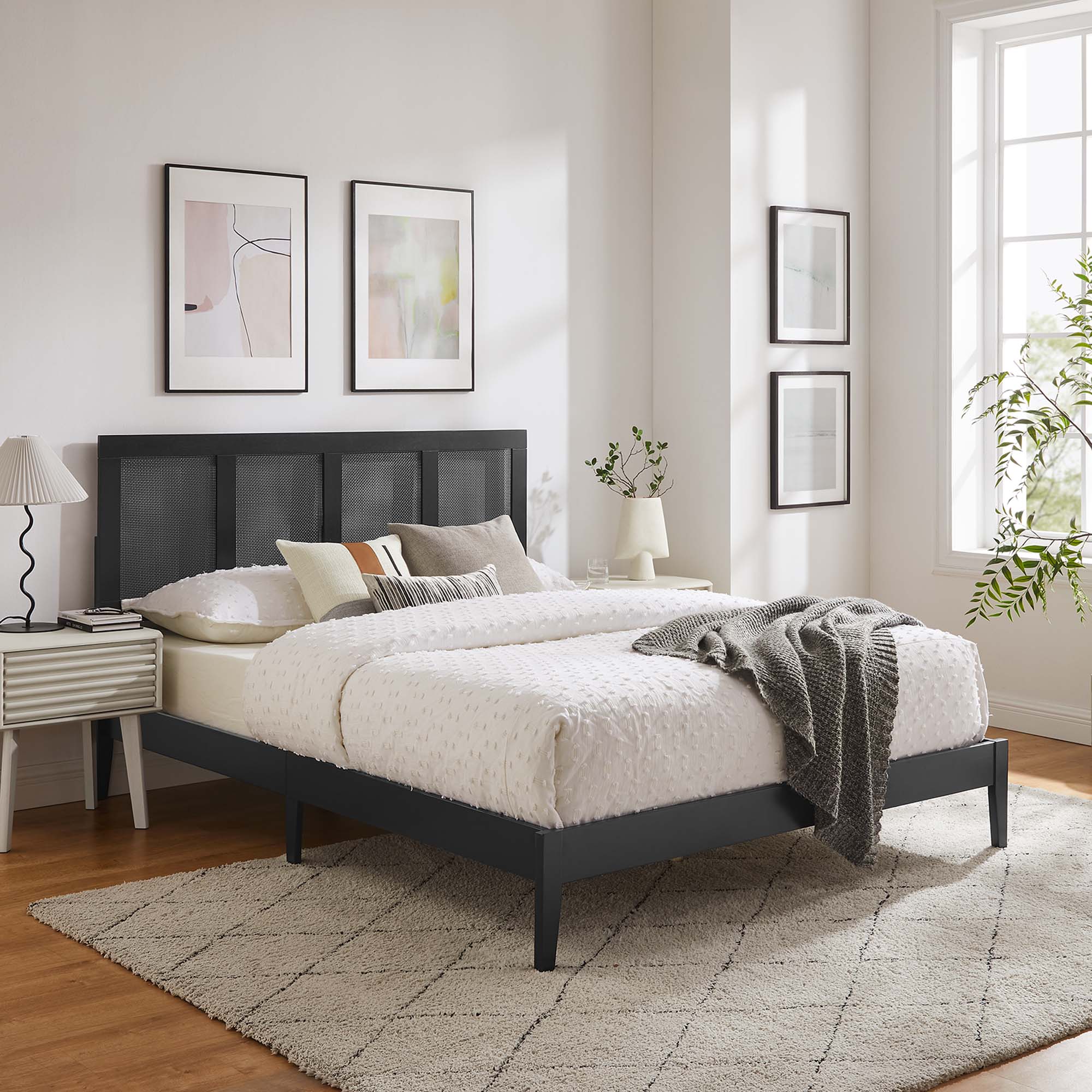 Wood Platform Bed with Rattan Panel Headboard - Image 56