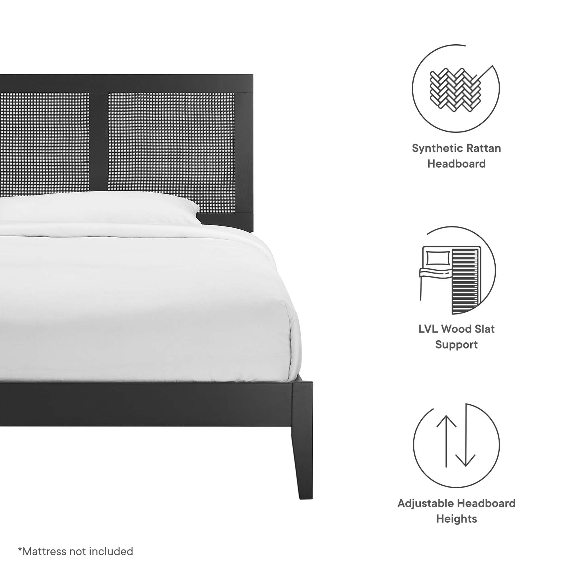 Wood Platform Bed with Rattan Panel Headboard - Image 9