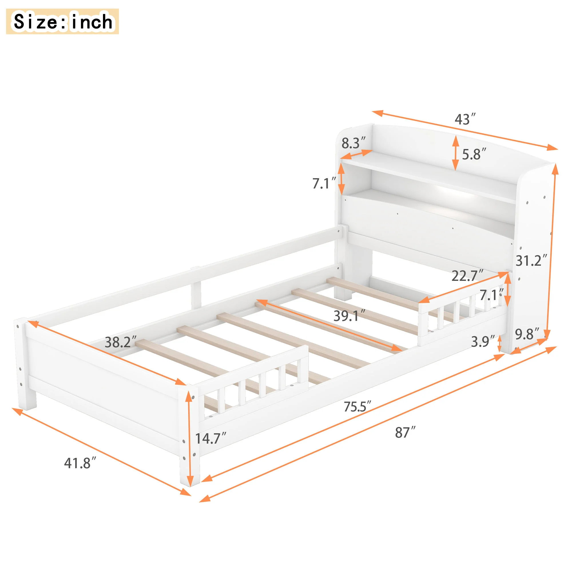 Wood Platform Bed With Built In LED Light, Storage Headboard And Guardrail - Image 24