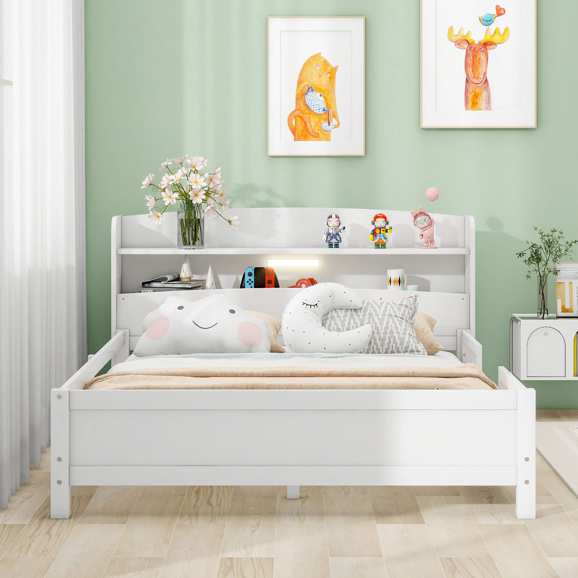 Wood Platform Bed With Built In LED Light, Storage Headboard And Guardrail - Image 27